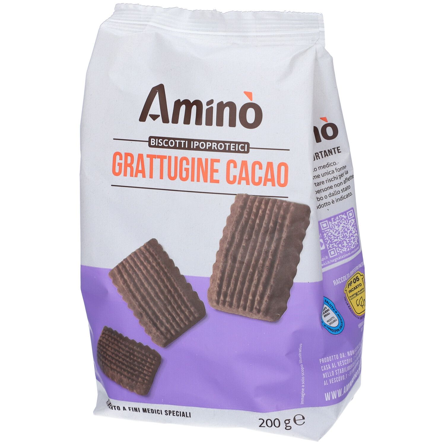 Confezione di 'Amino' Grattugine Cacao. Tre biscotti davanti alla confezione. Scritta: 'Grattugine Cacao' e '200 g'.