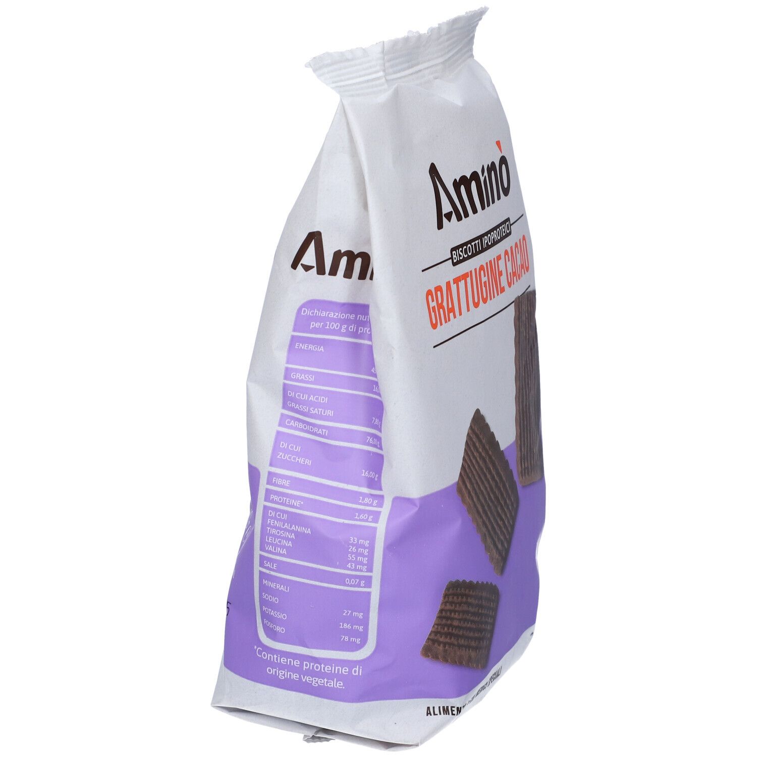 Vista laterale della confezione di 'Amino' Grattugine Cacao. Scritta: 'Grattugine Cacao'. Informazioni nutrizionali e ingredienti.
