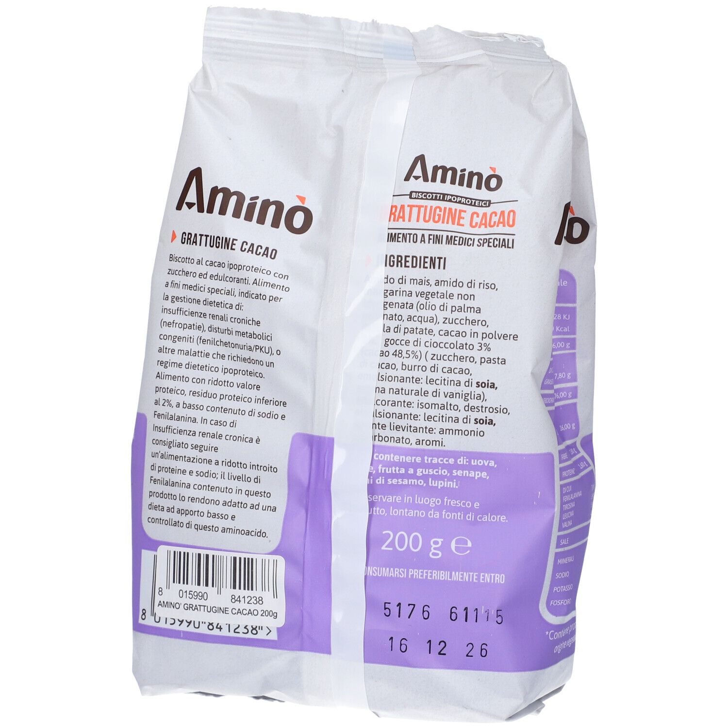 Retro della confezione di 'Amino' Grattugine Cacao. Scritta: 'Grattugine Cacao'. Elenco ingredienti e informazioni nutrizionali.