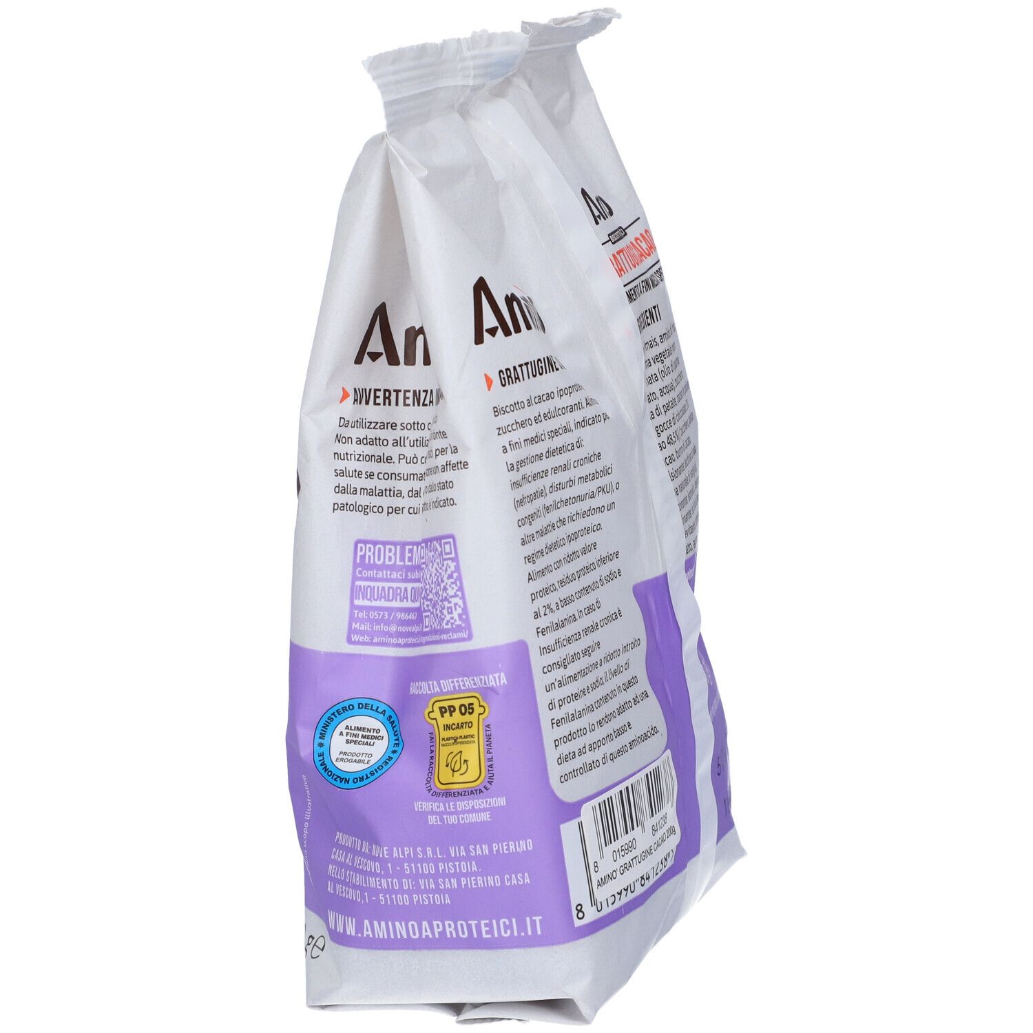 Vista obliqua della confezione di 'Amino' Grattugine Cacao. Scritta: 'Grattugine Cacao'. Avvertenze e codice QR.