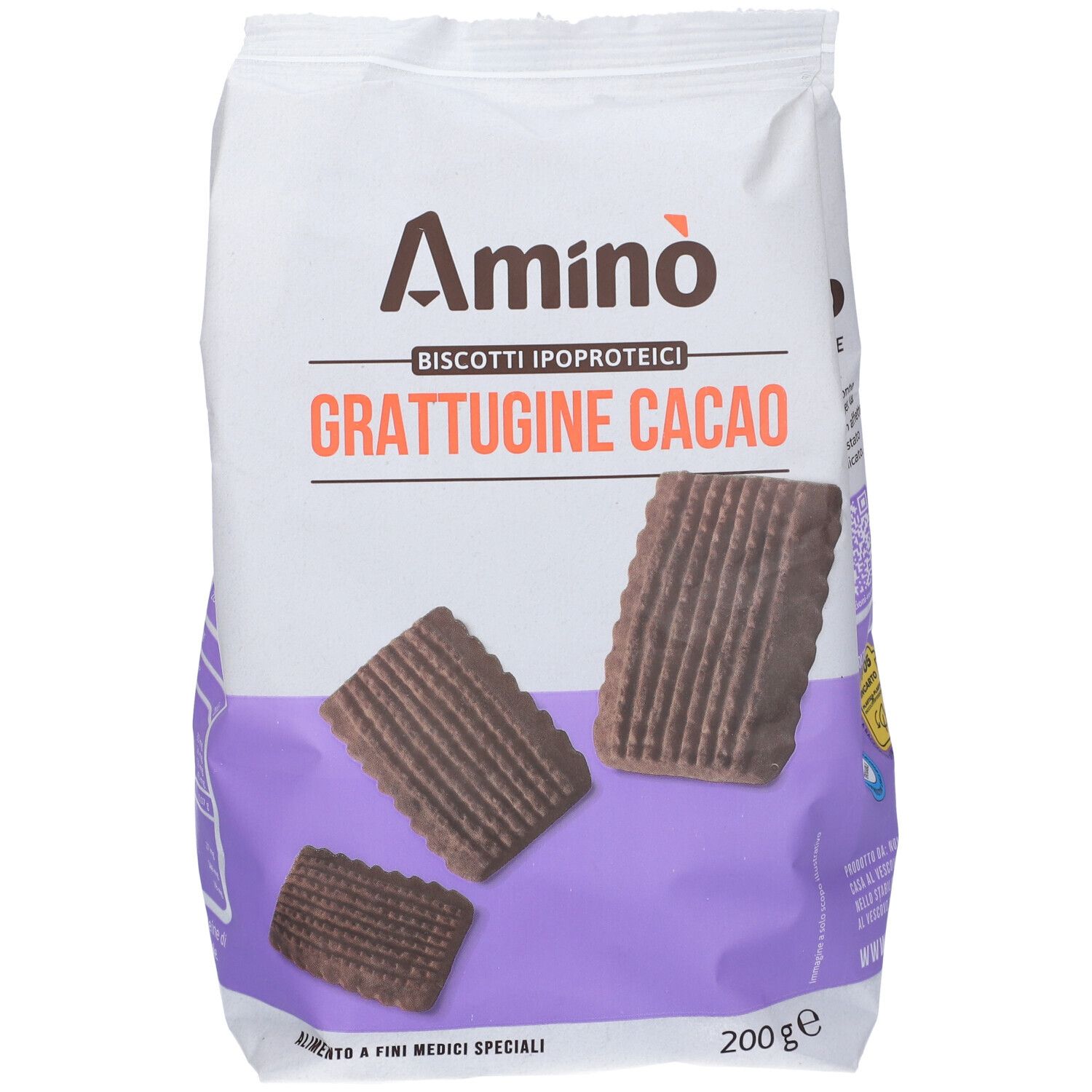 Confezione di 'Amino' Grattugine Cacao. Tre biscotti davanti alla confezione. Scritta: 'Grattugine Cacao' e '200 g'.