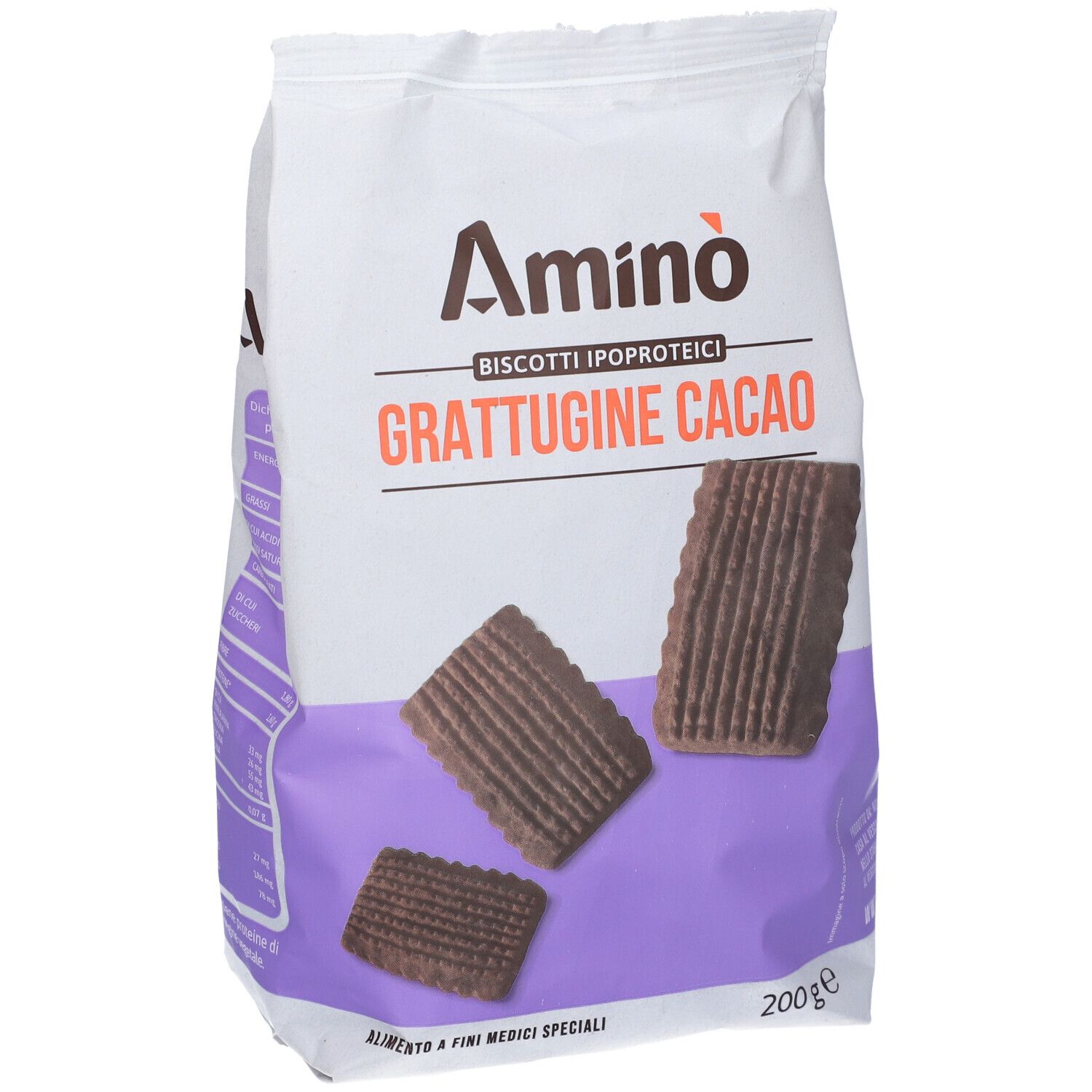 Confezione di 'Amino' Grattugine Cacao. Sacchetto bianco con nome e biscotti. 200g.