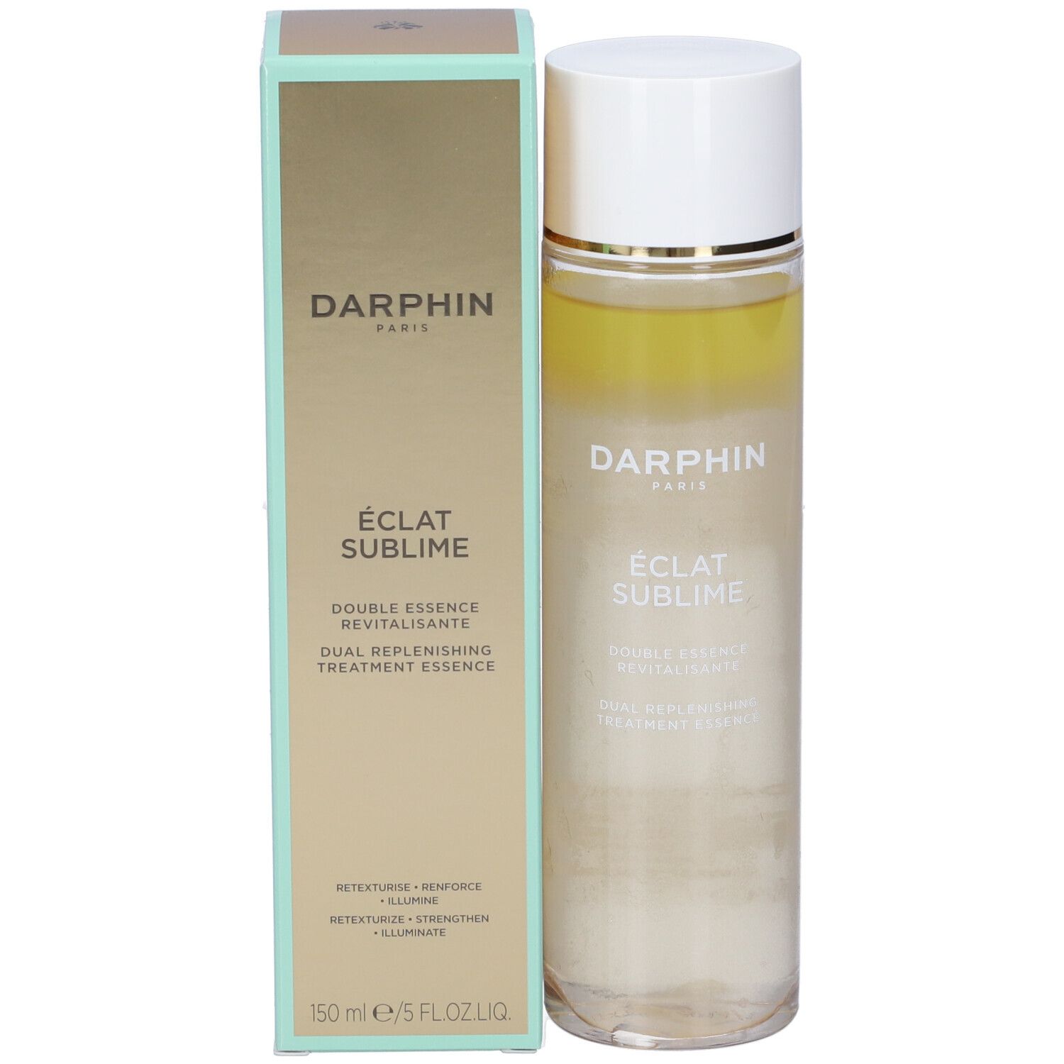Flacone e confezione del prodotto. Flacone: cilindrico, tappo bianco, anello dorato. Confezione: rettangolare, verde-oro. Scritta: Darphin, Éclat Sublime.