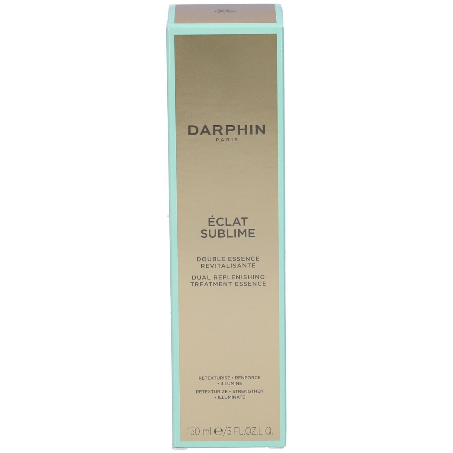 Confezione rettangolare, verde-oro. Scritta: Darphin, Éclat Sublime, Double Essence Revitalisante, Dual Replenishing Treatment Essence.