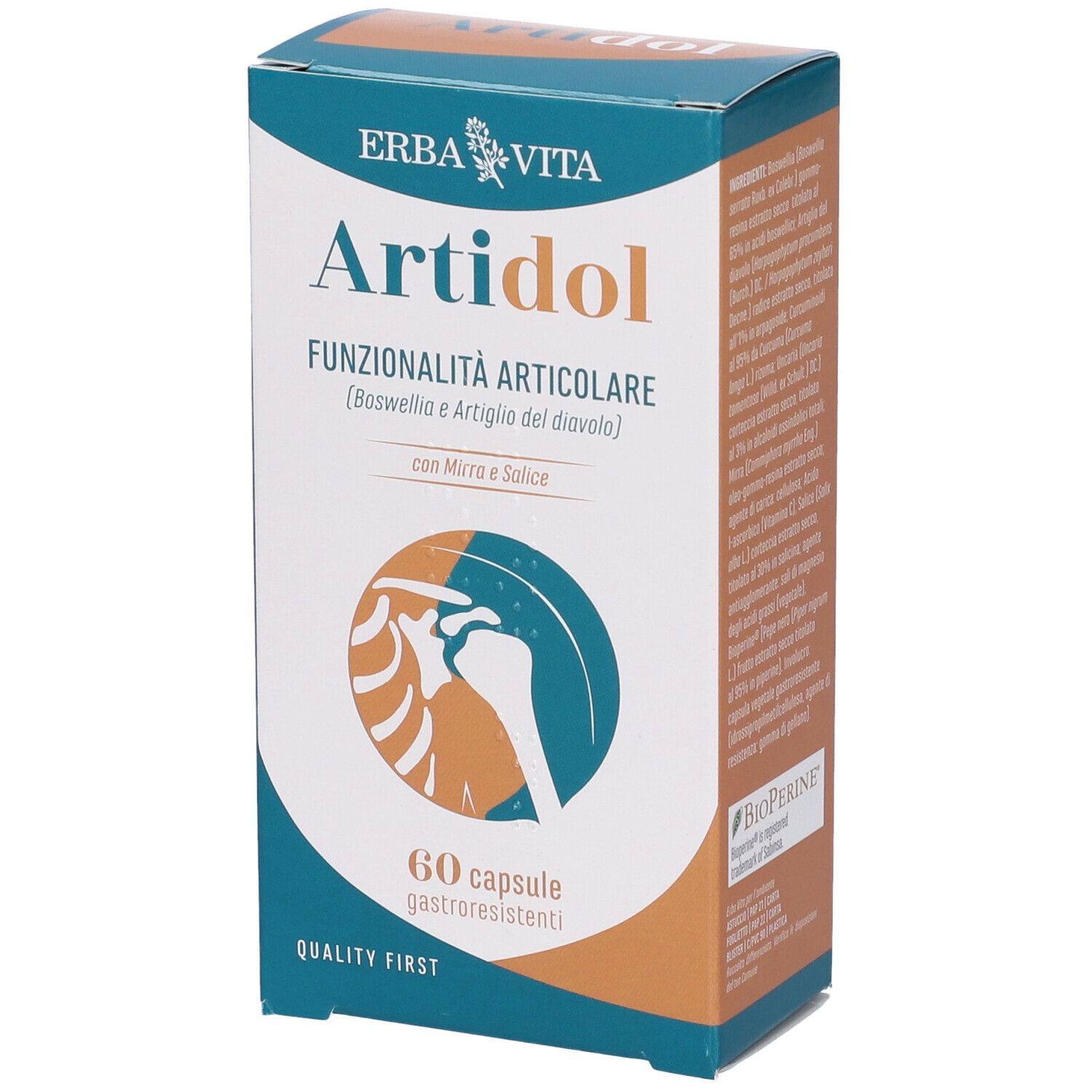 Scatola di capsule Artidol Erba Vita. Scritto: Funzionalità Articolare, 60 capsule. Illustrazione di un'articolazione. Logo Bioperine.