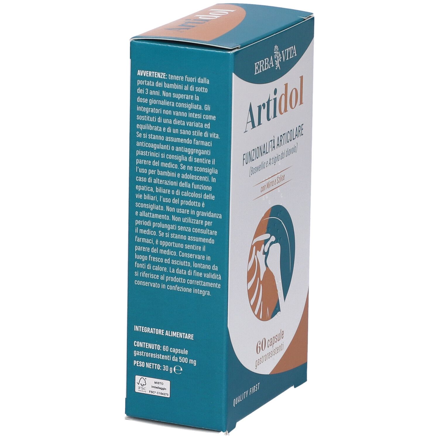 Scatola di capsule Artidol Erba Vita. Scritto: Funzionalità Articolare, 60 capsule. Illustrazione di un'articolazione. Testo sul lato.