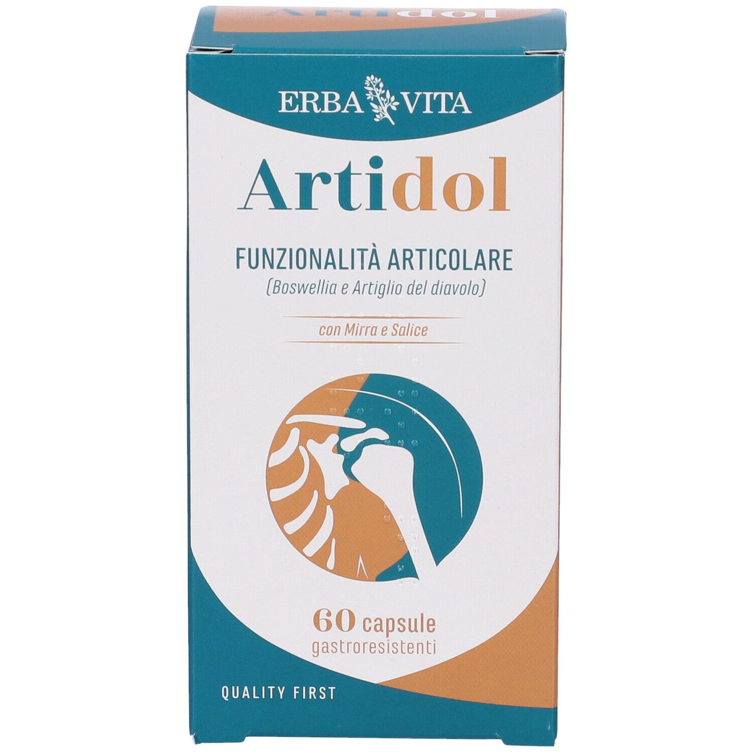 Scatola di capsule Artidol Erba Vita. Scritto: Funzionalità Articolare, 60 capsule. Illustrazione di un'articolazione.