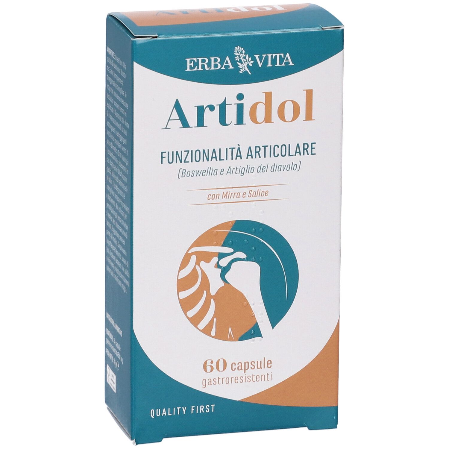 Scatola di capsule Artidol Erba Vita. Scritto: Funzionalità Articolare, 60 capsule. Illustrazione di un'articolazione.