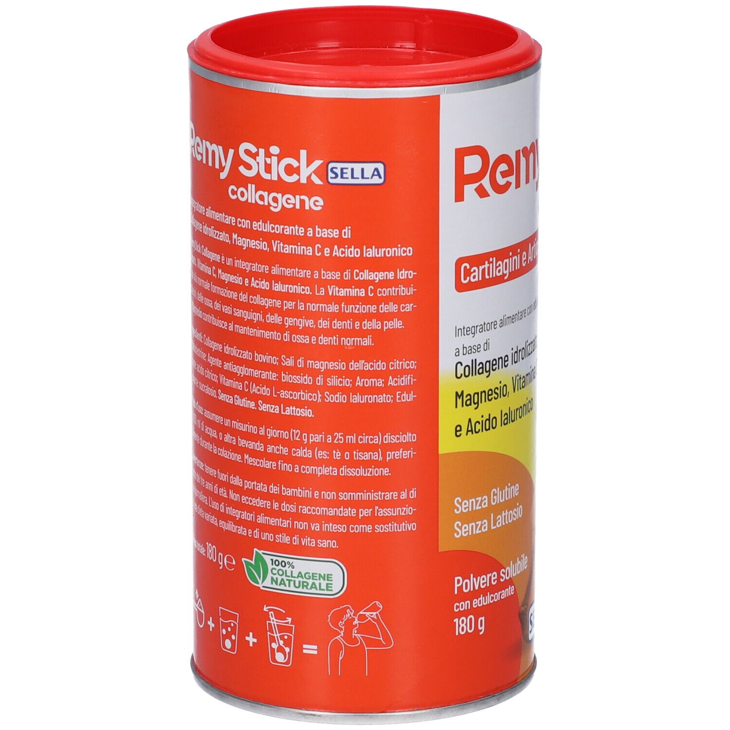 Barattolo rotondo con coperchio rosso. Scritta Remy Stick collagene. Contiene ingredienti. Testo sugli ingredienti e l'uso. Logo '100% Collagene Naturale'.