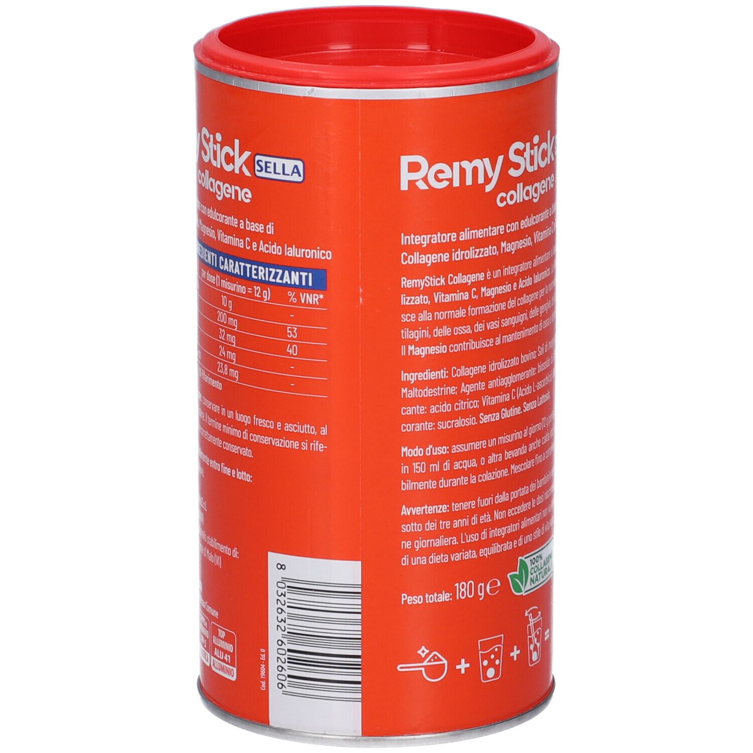 Barattolo rotondo con coperchio rosso. Scritta Remy Stick collagene. Contiene ingredienti. Tabella nutrizionale. Peso: 180 g. Codice a barre.