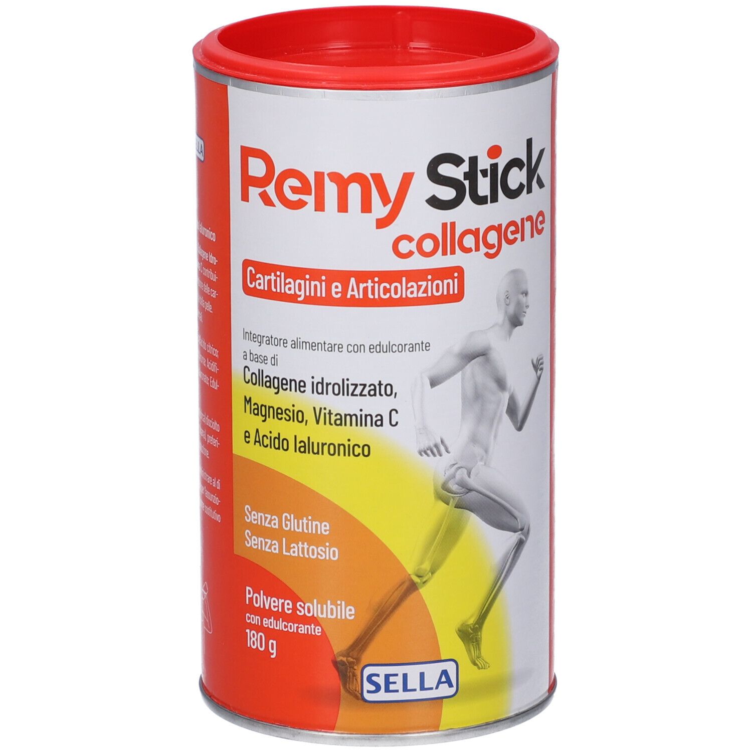 Barattolo rotondo con coperchio rosso. Scritta Remy Stick collagene. Contiene collagene, magnesio, vitamina C. Immagine di un corridore.