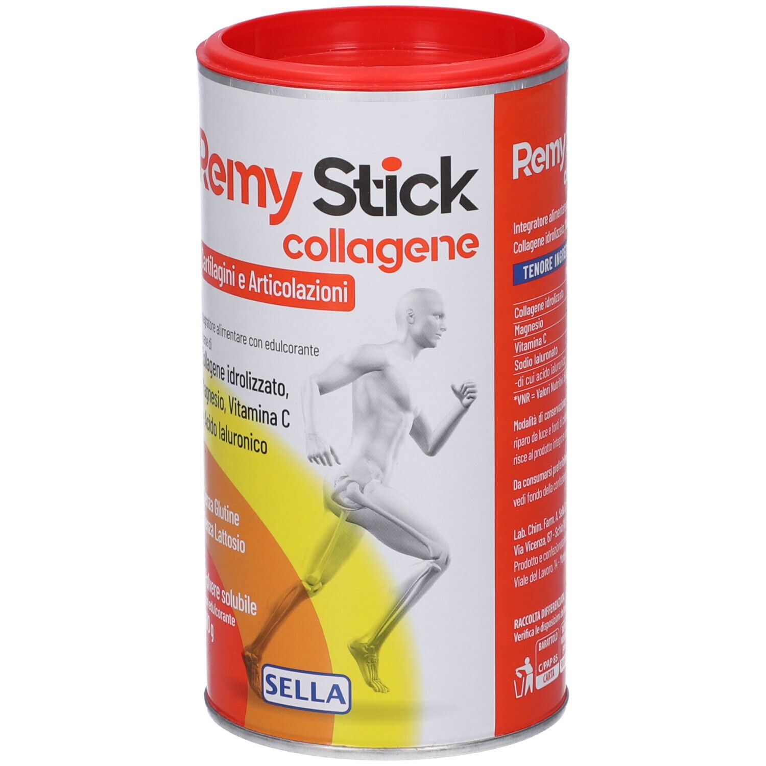 Barattolo rotondo con coperchio rosso. Scritta Remy Stick collagene. Contiene collagene, magnesio, vitamina C. Immagine di un corridore.