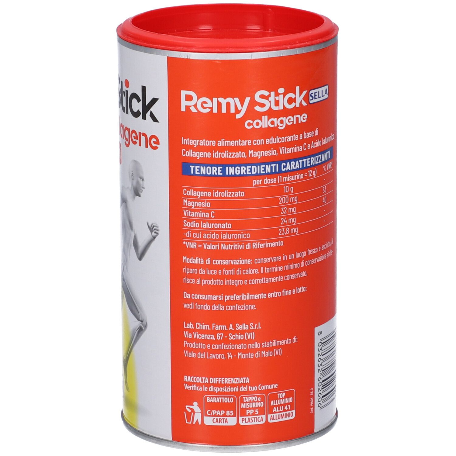 Barattolo rotondo con coperchio rosso. Scritta Remy Stick collagene. Contiene ingredienti. Tabella nutrizionale. Indirizzo del produttore.