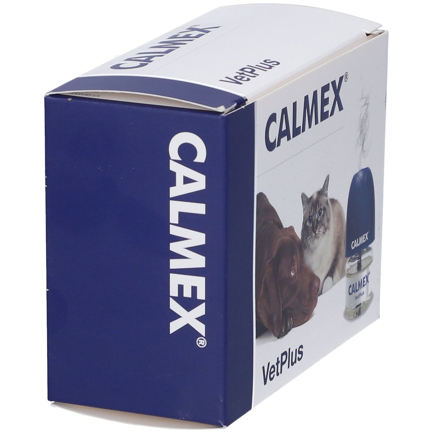 Confezione CALMEX con logo. Cane, gatto e diffusore. Logo VetPlus. Colori blu e bianco.