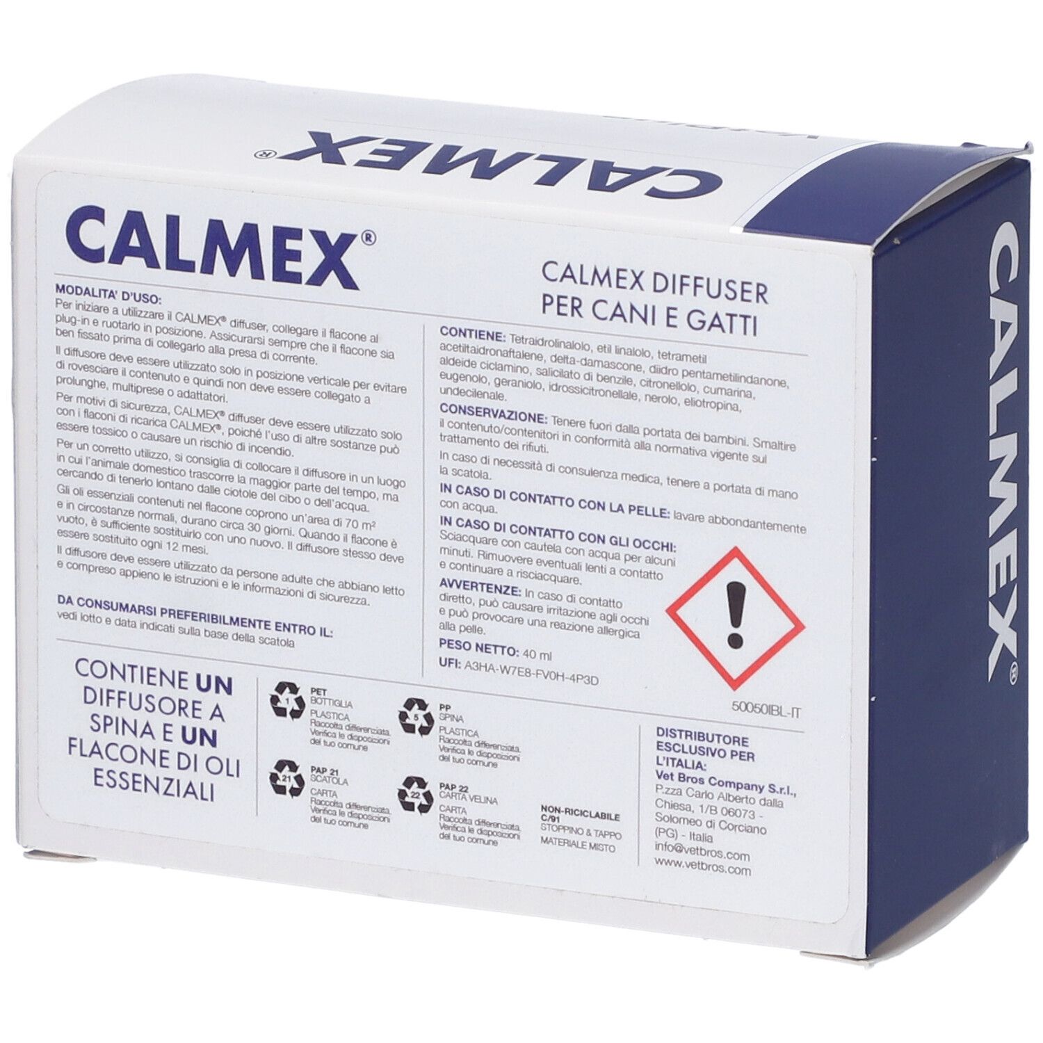 Retro confezione CALMEX. Testo in italiano. Contiene diffusore e flacone oli essenziali.