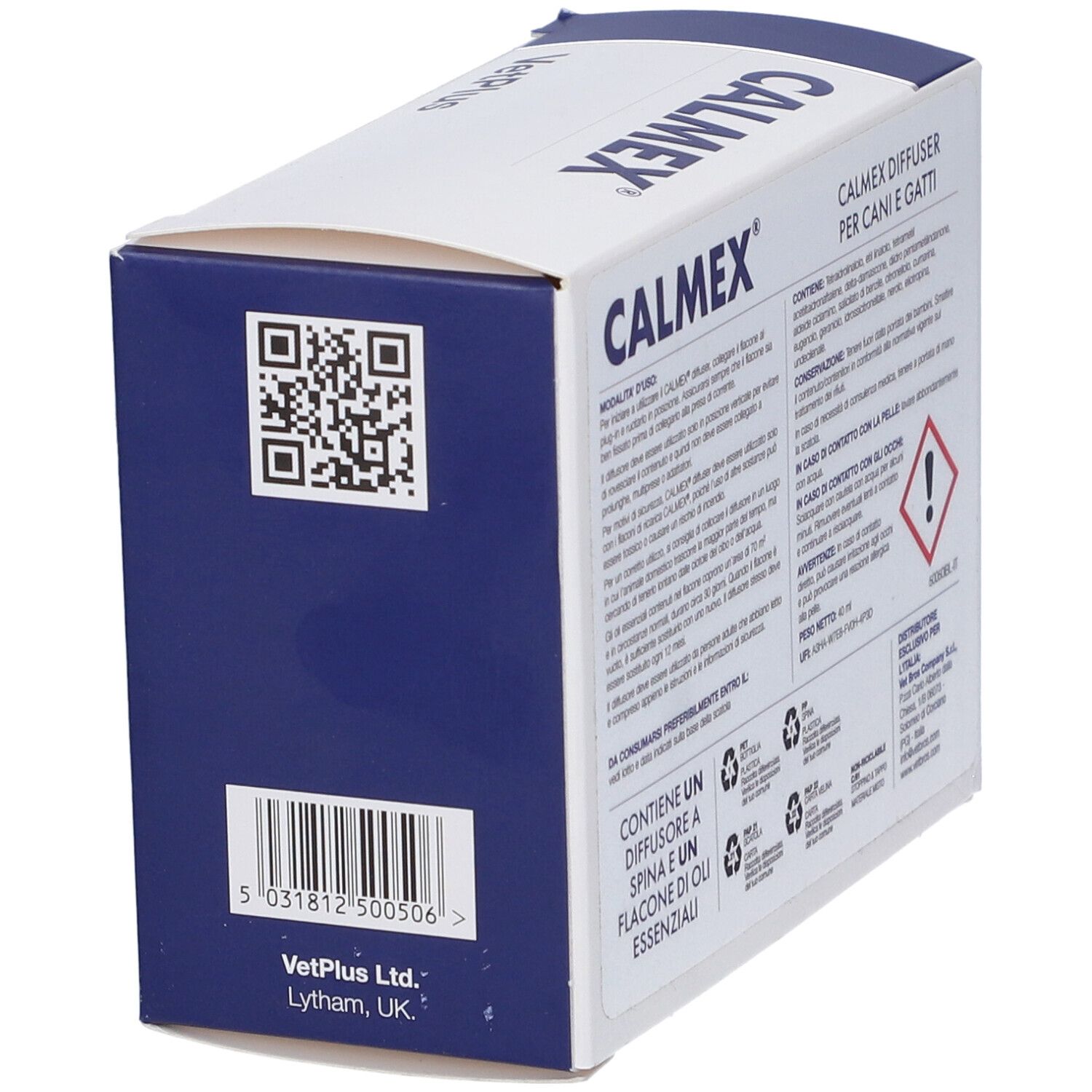 Retro confezione CALMEX. Codice QR, codice a barre e testo. Logo VetPlus. Diffusore e flacone olio.