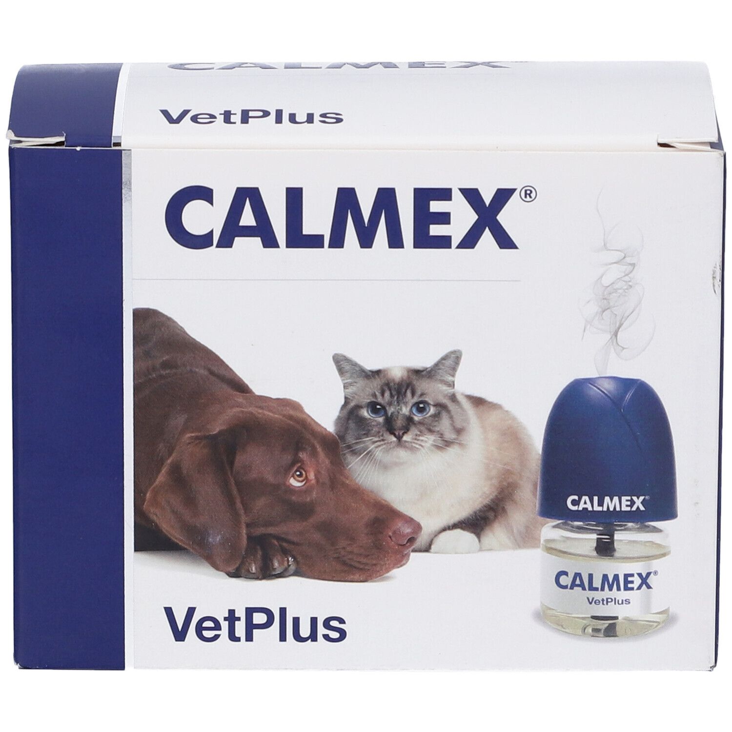Confezione CALMEX con logo, cane e gatto. Diffusore e flacone. Logo VetPlus. Colori blu e bianco.