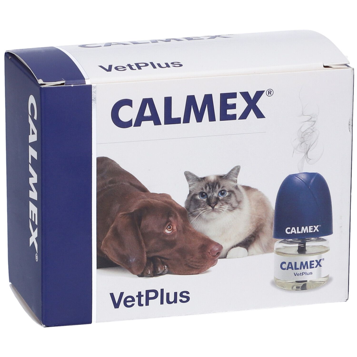 Confezione CALMEX con logo, cane e gatto. Diffusore e flacone. Logo VetPlus. Colori blu e bianco.