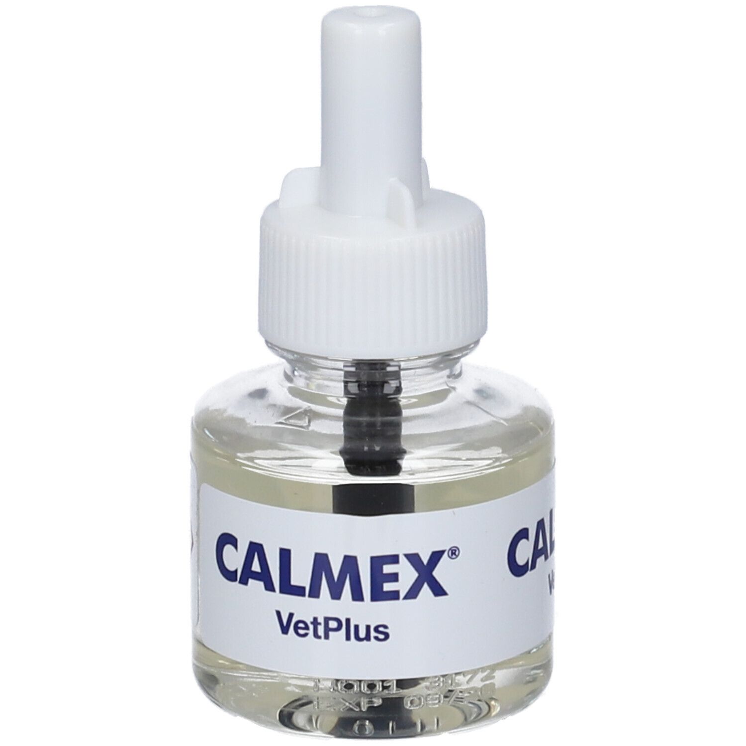 Flacone di vetro con tappo bianco. Scritta CALMEX VetPlus.