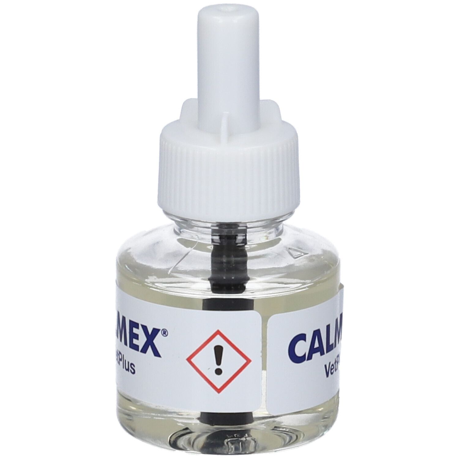 Flacone di vetro con tappo bianco e simbolo di avvertimento. Scritta CALMEX VetPlus.