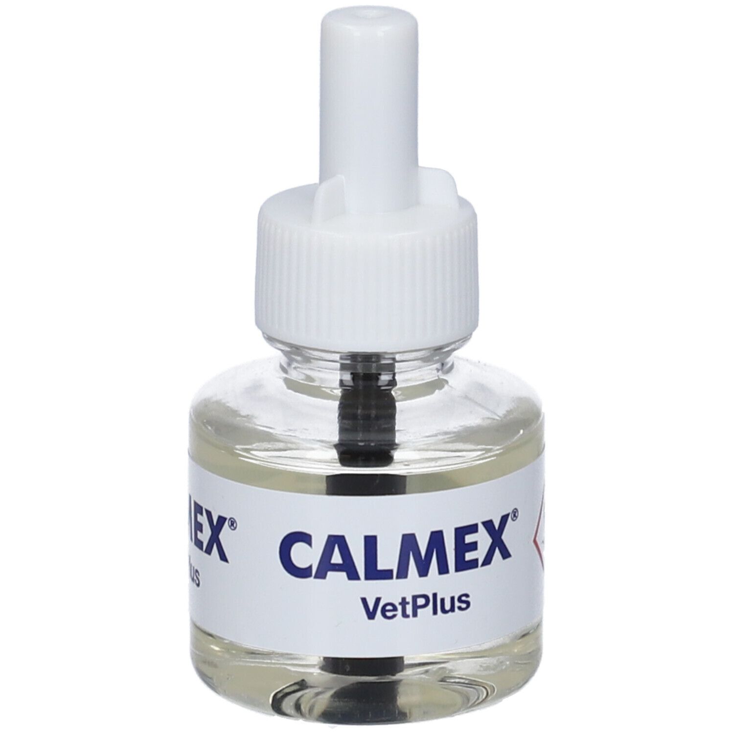 Flacone di vetro con tappo bianco. Scritta CALMEX VetPlus.