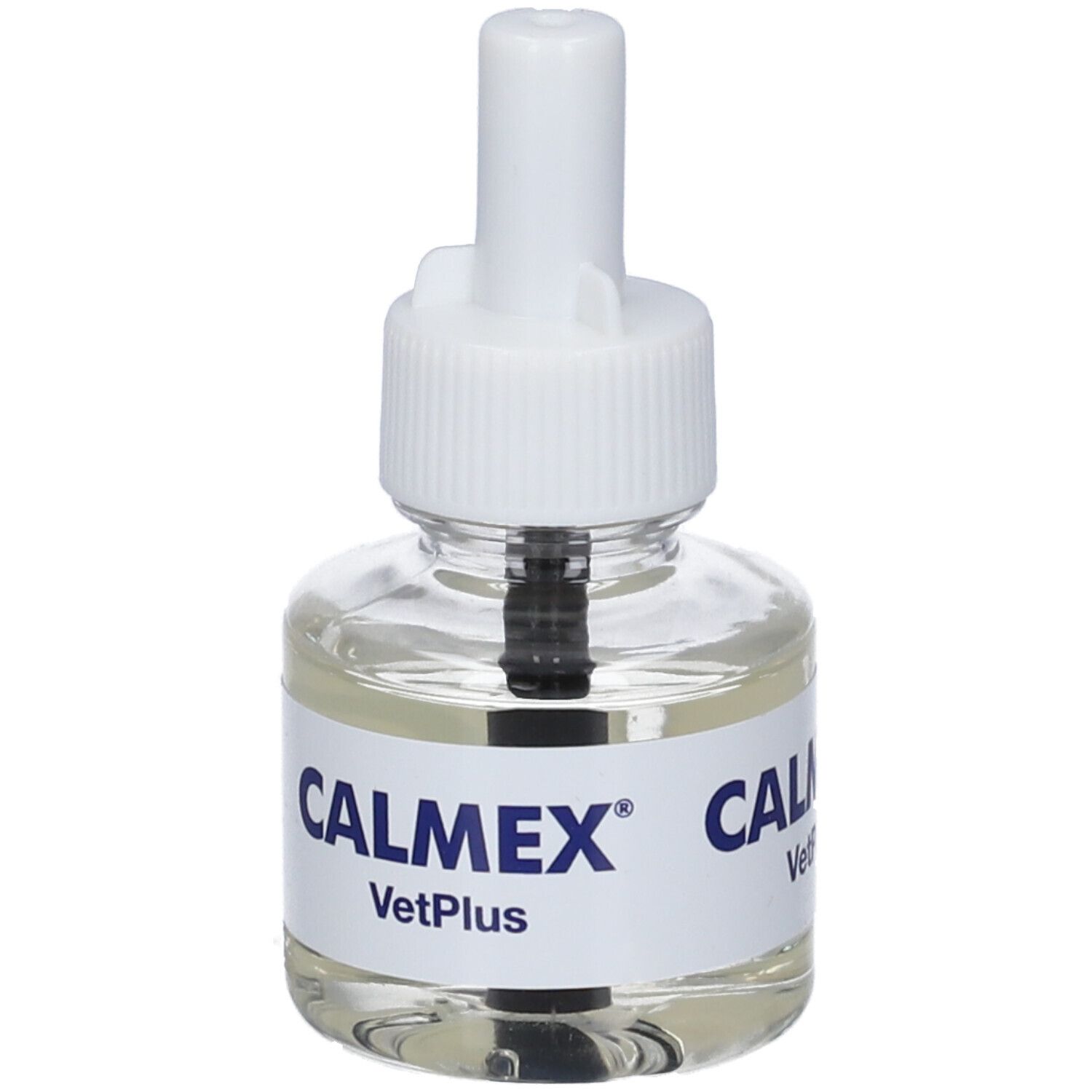 Flacone di vetro con tappo bianco. Scritta CALMEX VetPlus.