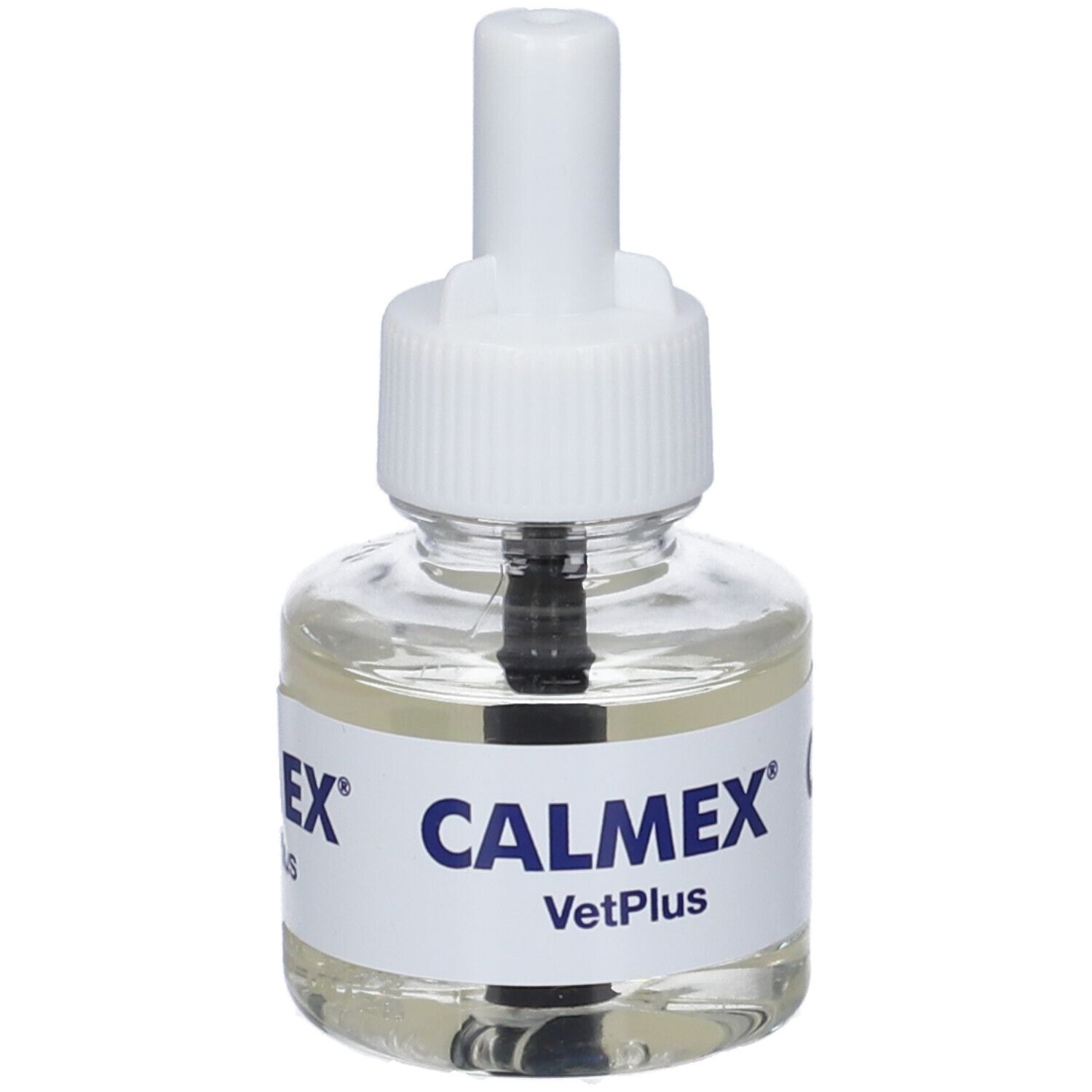 Flacone di vetro con tappo bianco. Scritta CALMEX VetPlus.