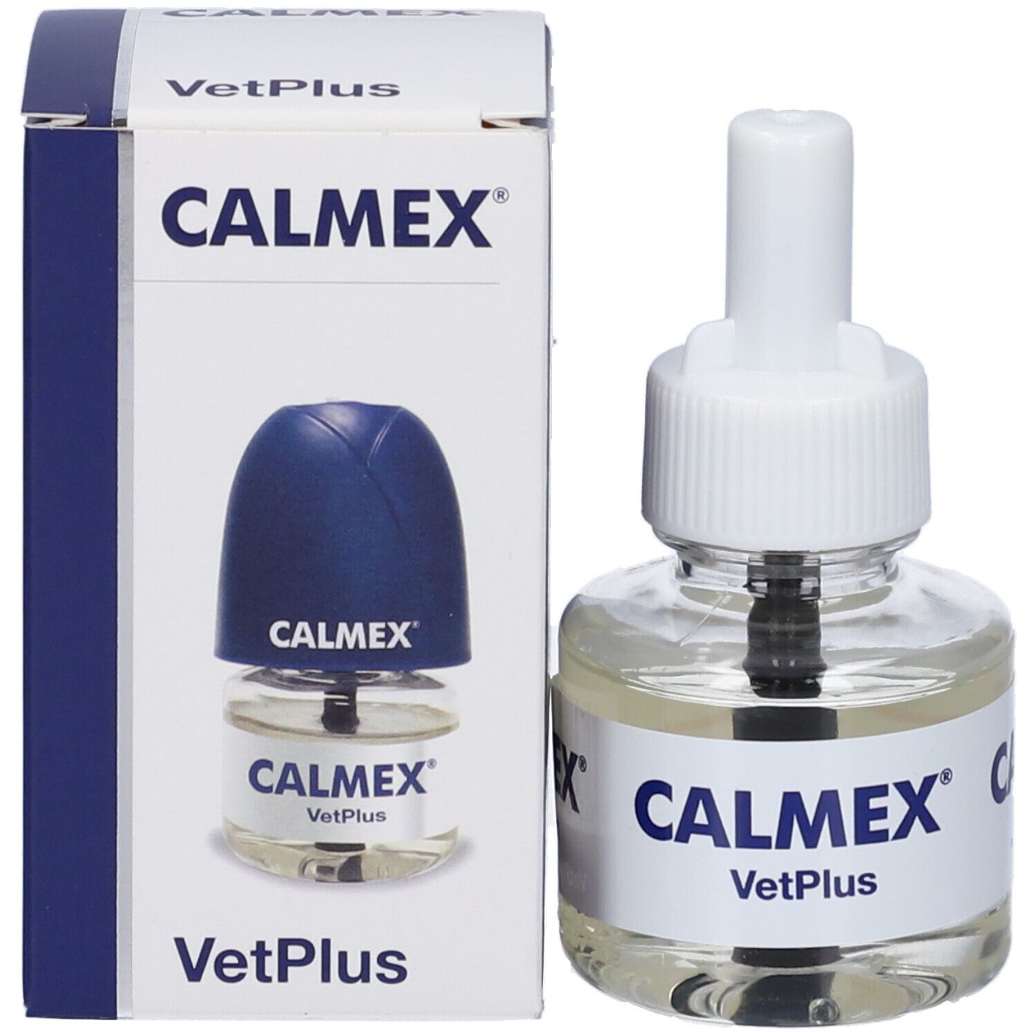Flacone e confezione. Flacone con tappo bianco, confezione con cappuccio blu. Scritta CALMEX VetPlus.