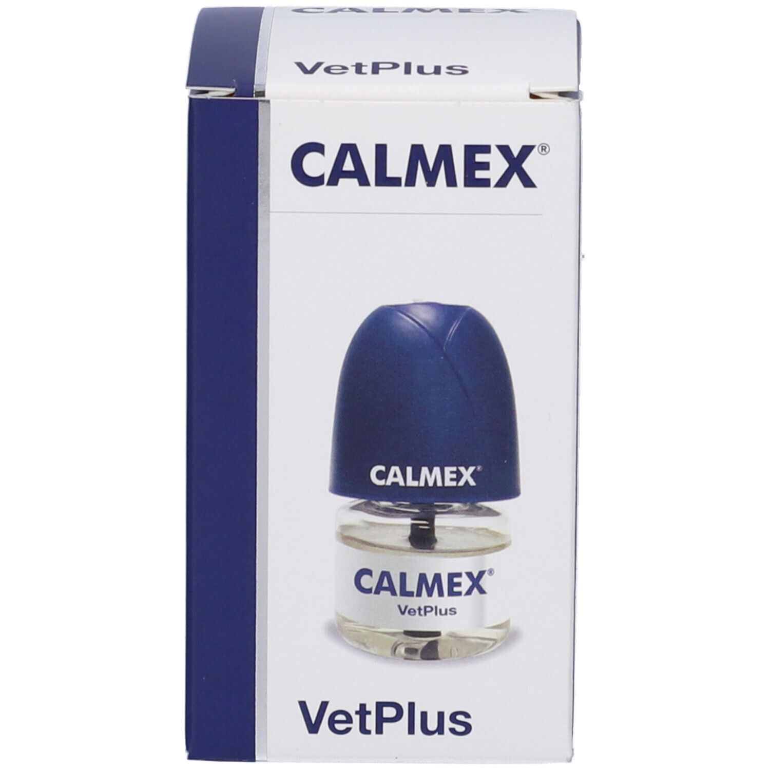 Confezione con cappuccio blu. Scritta CALMEX VetPlus.
