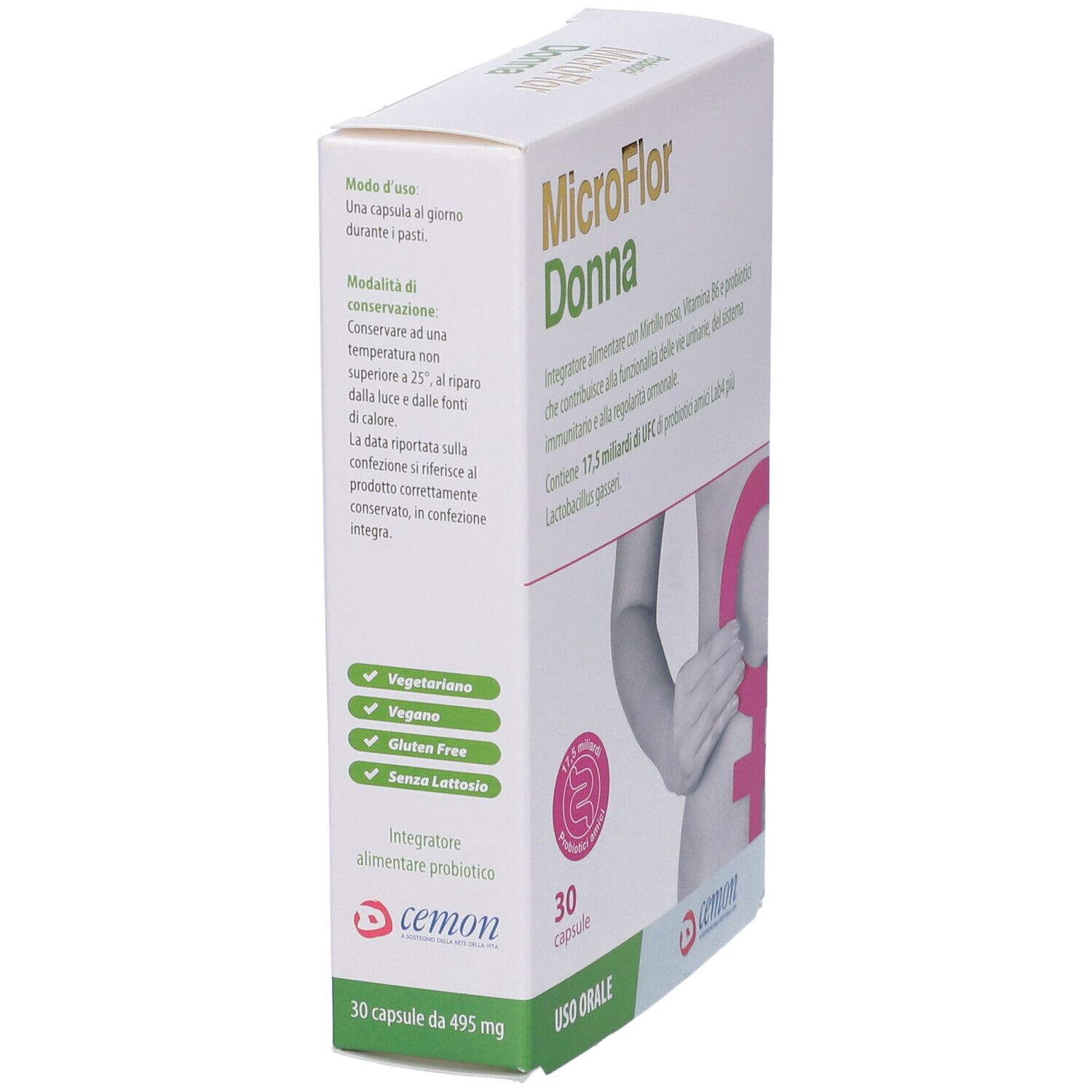 Scatola MicroFlor Donna, vista laterale. Contiene 30 capsule. Scritte: vegetariano, vegano, senza glutine, senza lattosio.