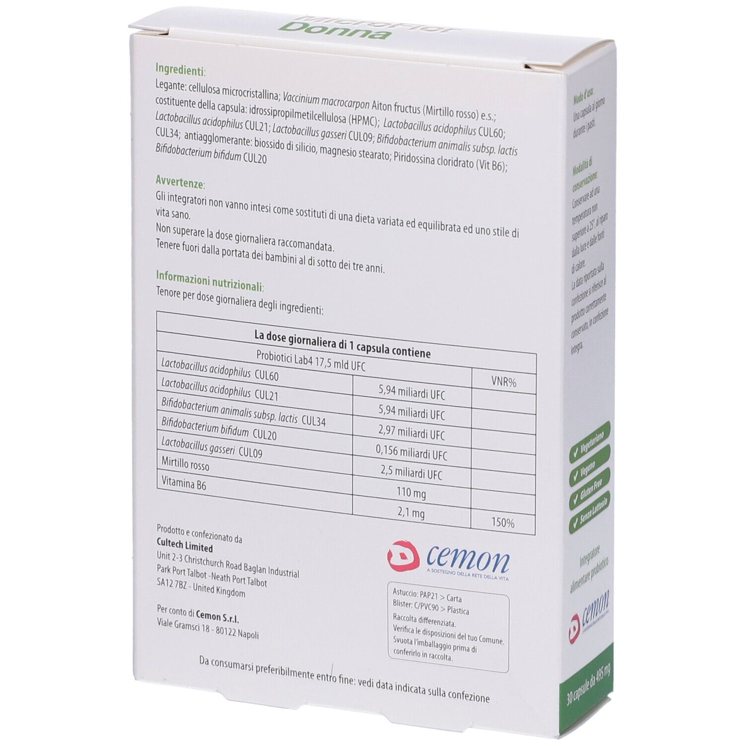 Retro della scatola MicroFlor Donna. Contiene informazioni sugli ingredienti e i valori nutrizionali. Logo del produttore.