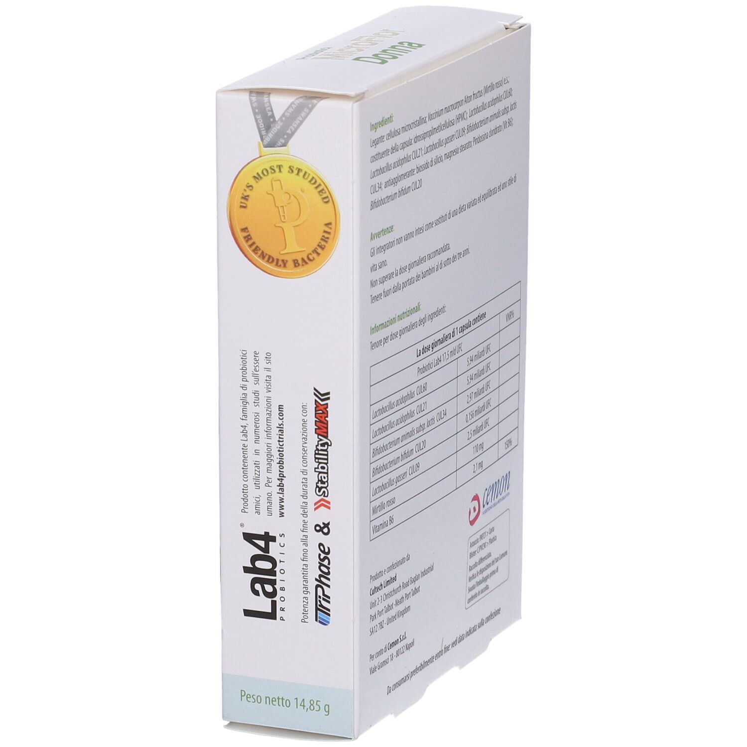 Scatola MicroFlor Donna, vista laterale. Contiene informazioni sugli ingredienti. Logo Lab4 Probiotics.