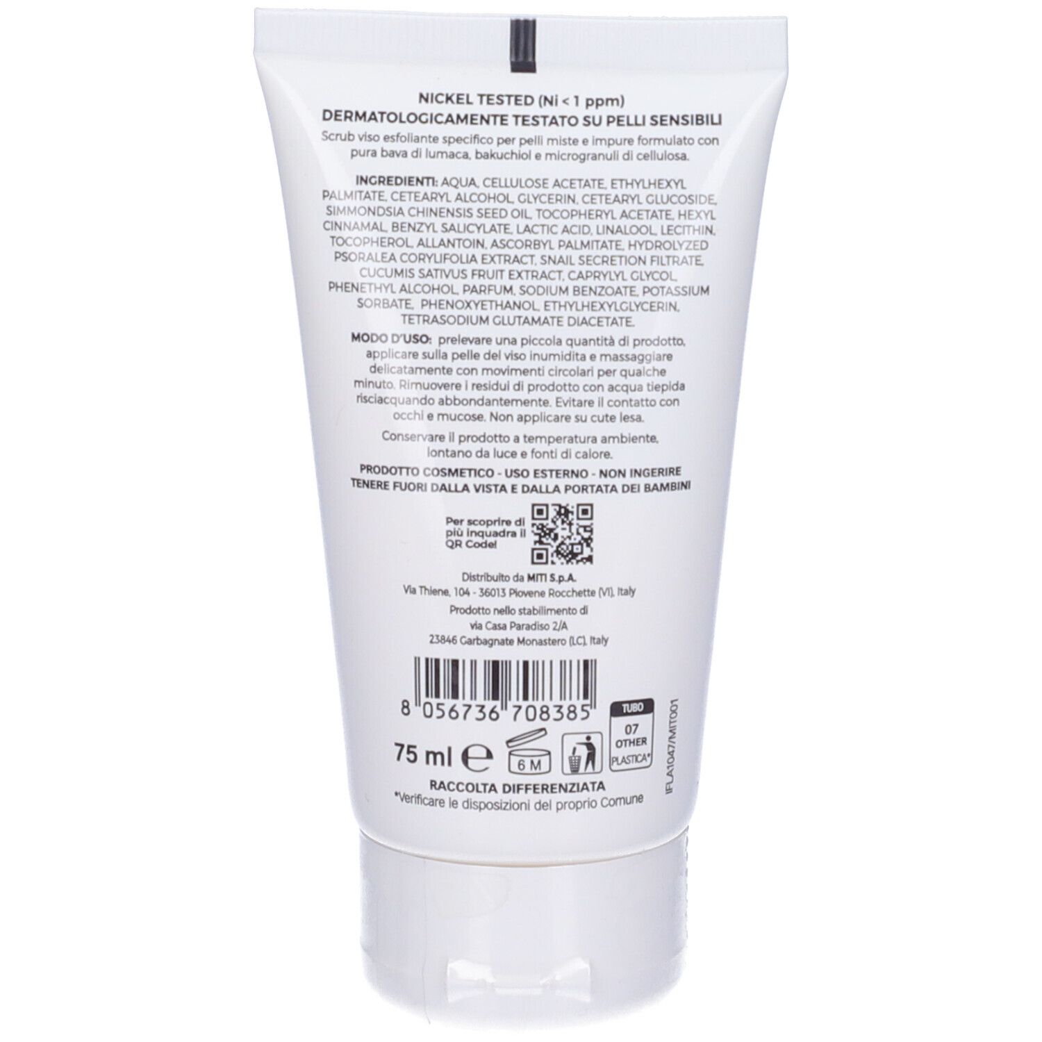 Retro del tubo bianco. Testo: Nickel tested. Ingredienti e istruzioni per l'uso. 75 ml. Codice QR e simbolo di riciclaggio.