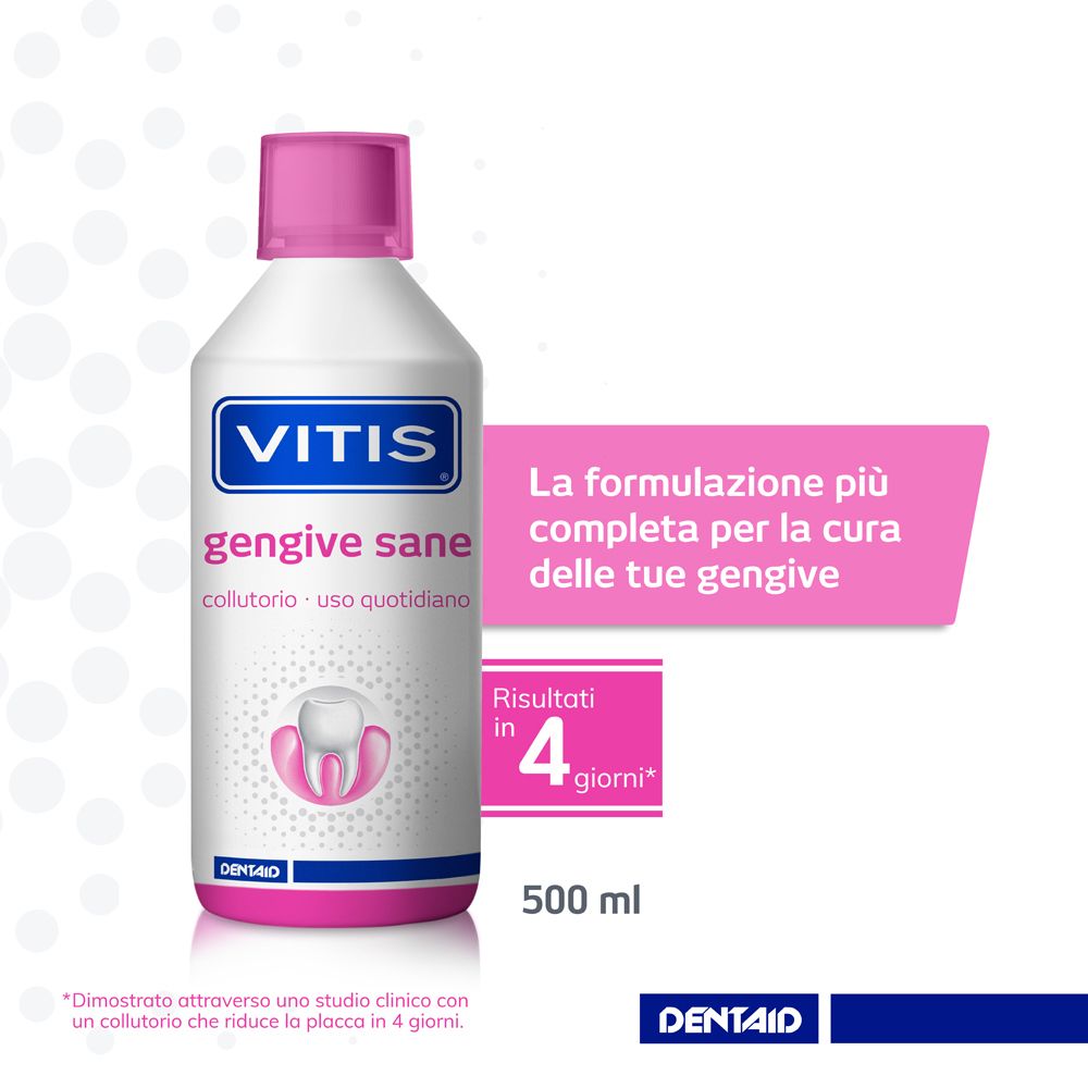Collutorio Vitis gengive sane, flacone da 500 ml con tappo rosa.