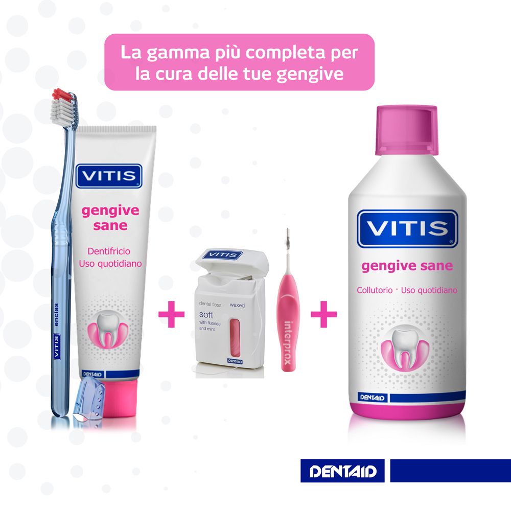 Kit Vitis Gengive Sane: spazzolino, dentifricio, filo interdentale e collutorio per gengive sane.