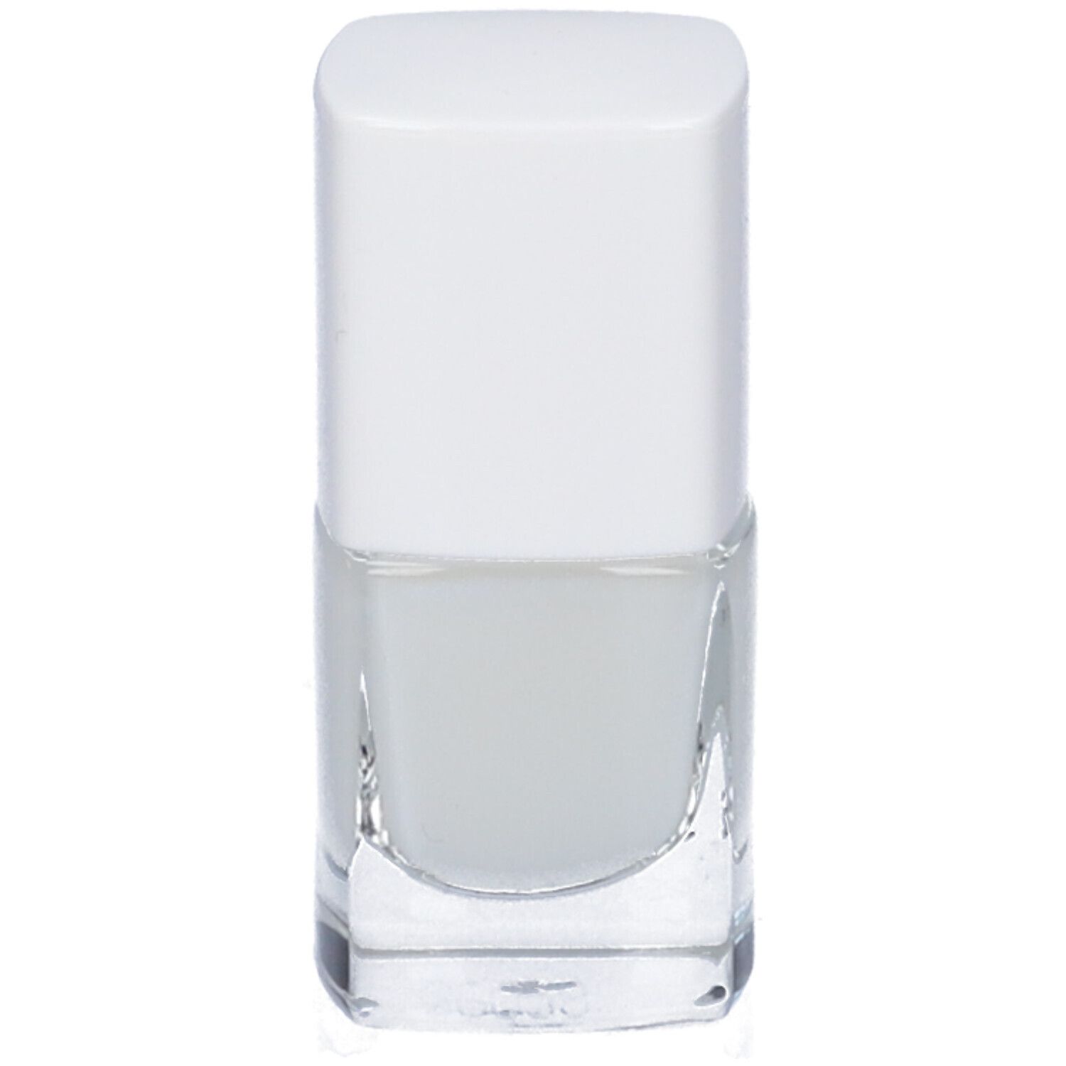 Flacone in vetro con tappo bianco. Contiene un liquido incolore.