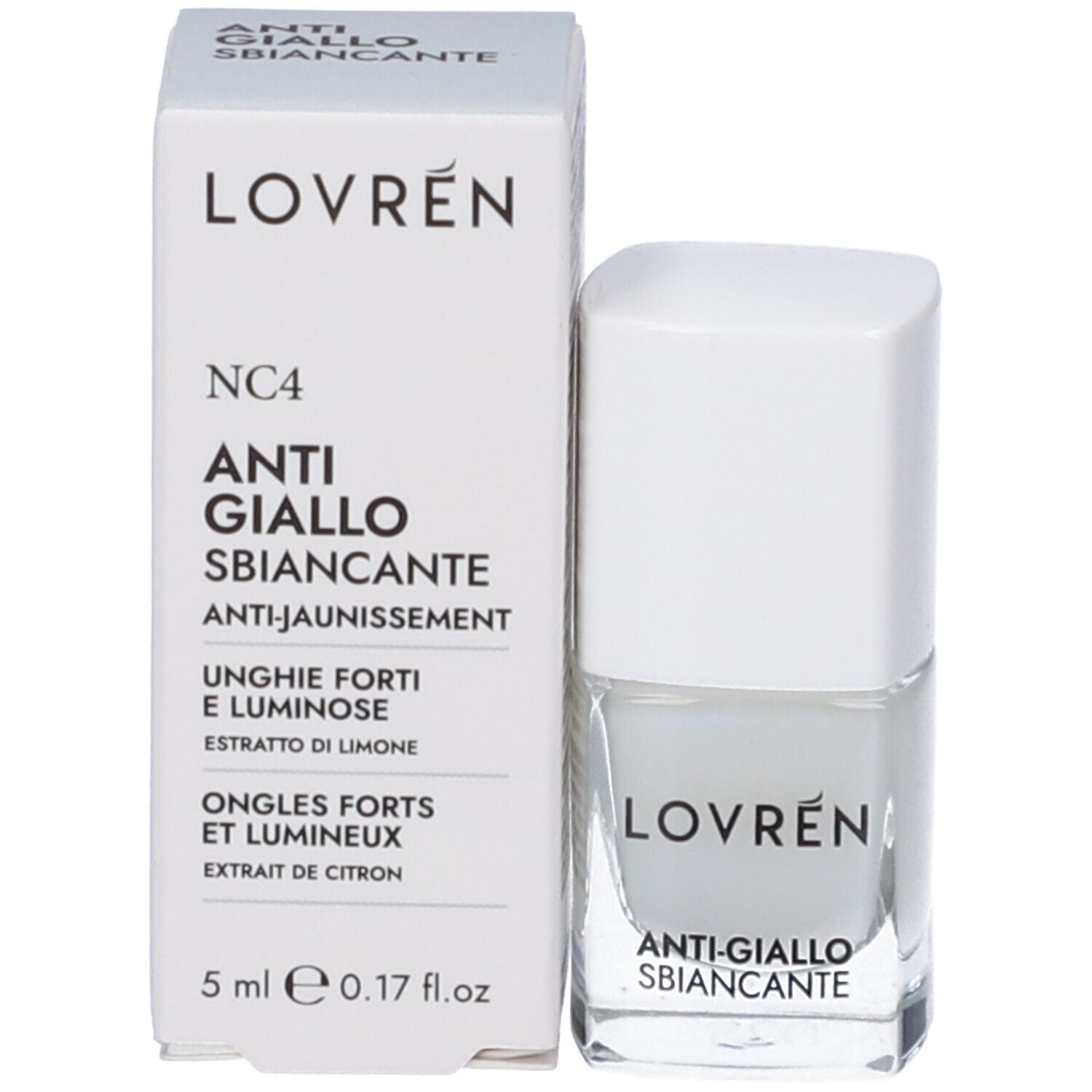 Flacone e confezione. Scritta LOVREN, ANTI-GIALLO SBIANCANTE, NC4. 5 ml.