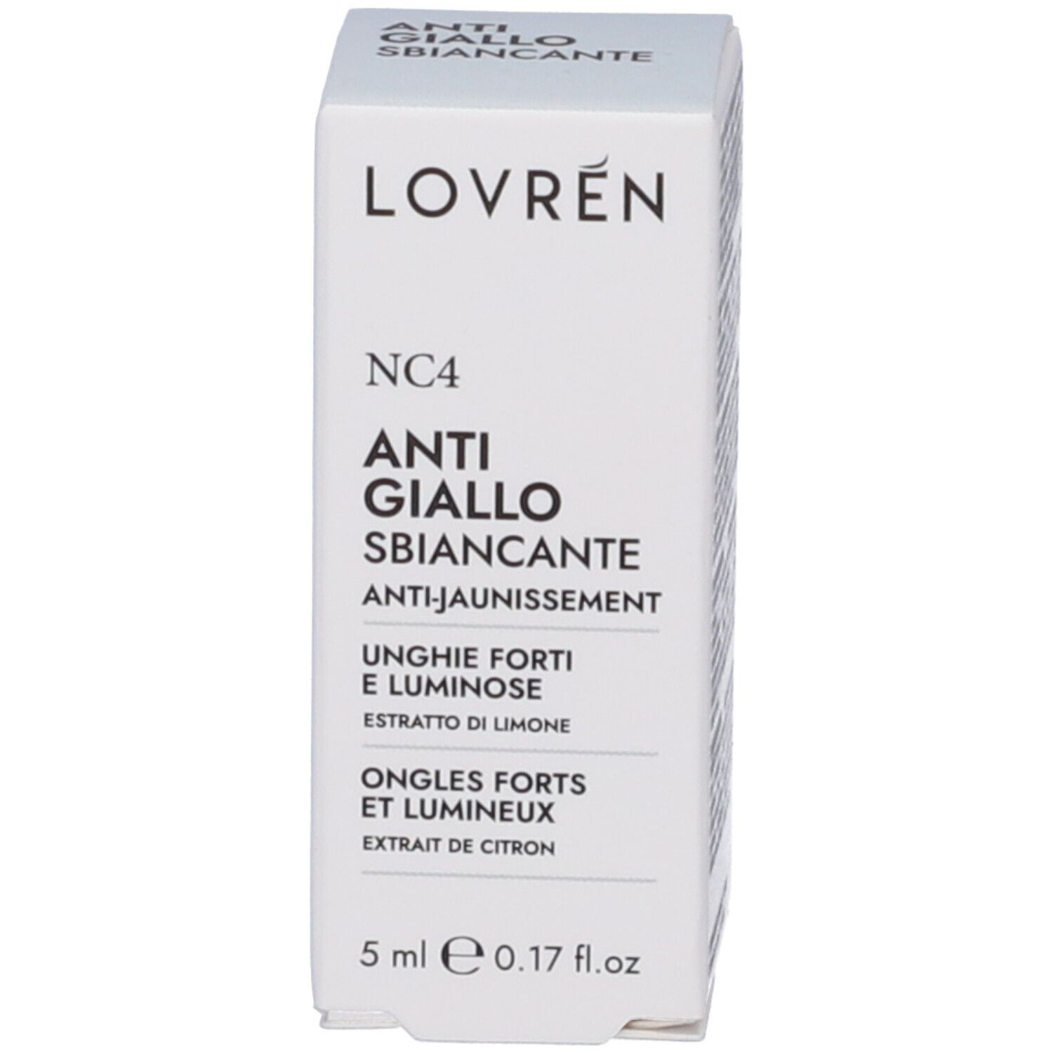 Confezione bianca con scritta LOVREN, ANTI-GIALLO SBIANCANTE, NC4. 5 ml.