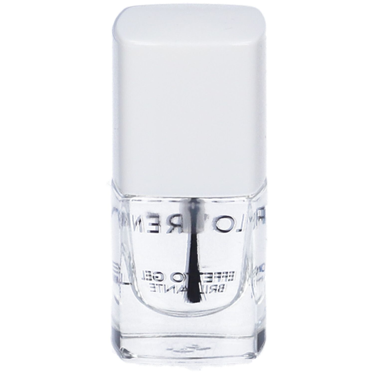 Smalto trasparente, flacone con tappo bianco. Scritta: LOVREN, EFFETTO GEL BRILLANTE. Pennello visibile.