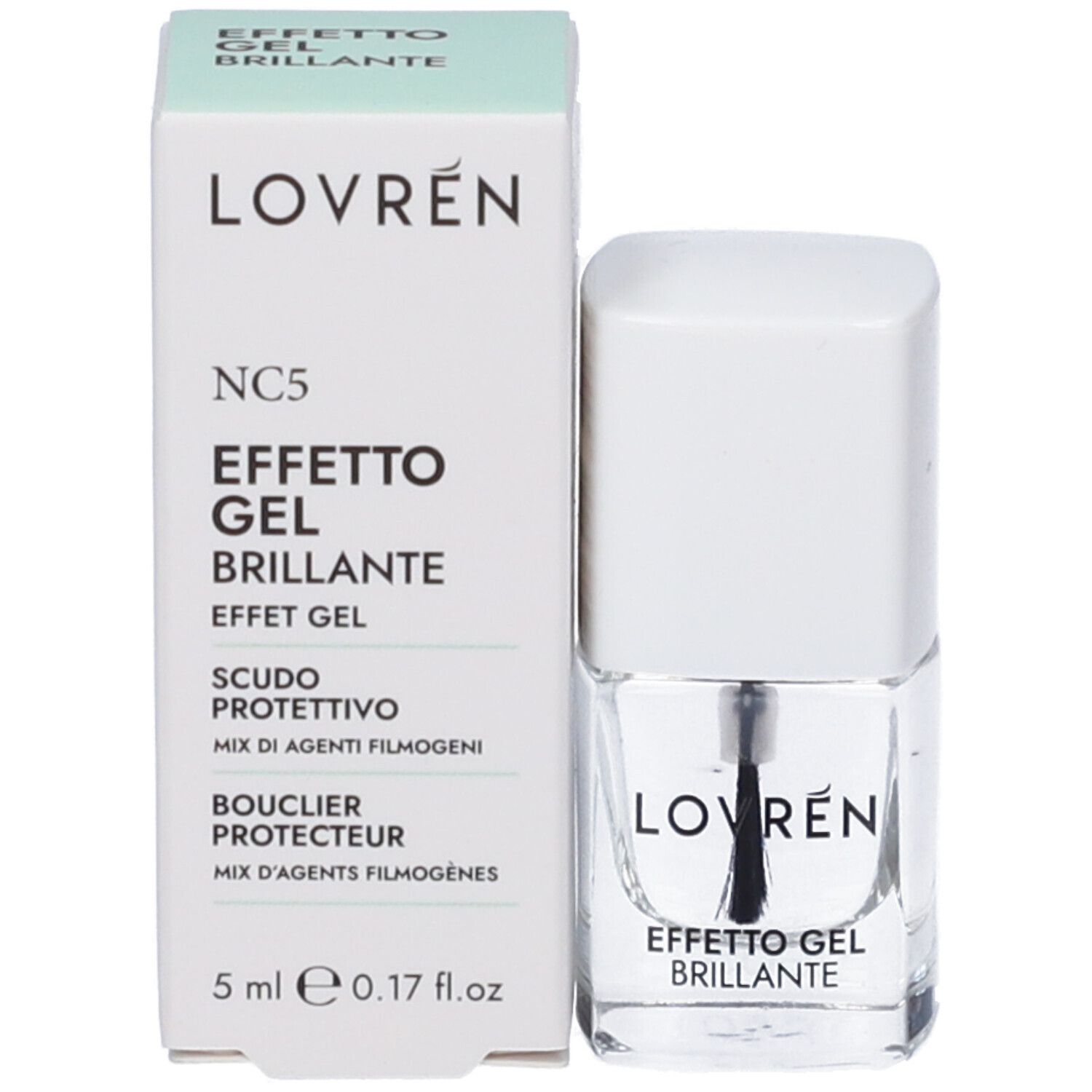 Flacone di smalto accanto alla confezione. Confezione con scritta: LOVREN, NC5 EFFETTO GEL BRILLANTE. 5 ml, 0.17 fl.oz.