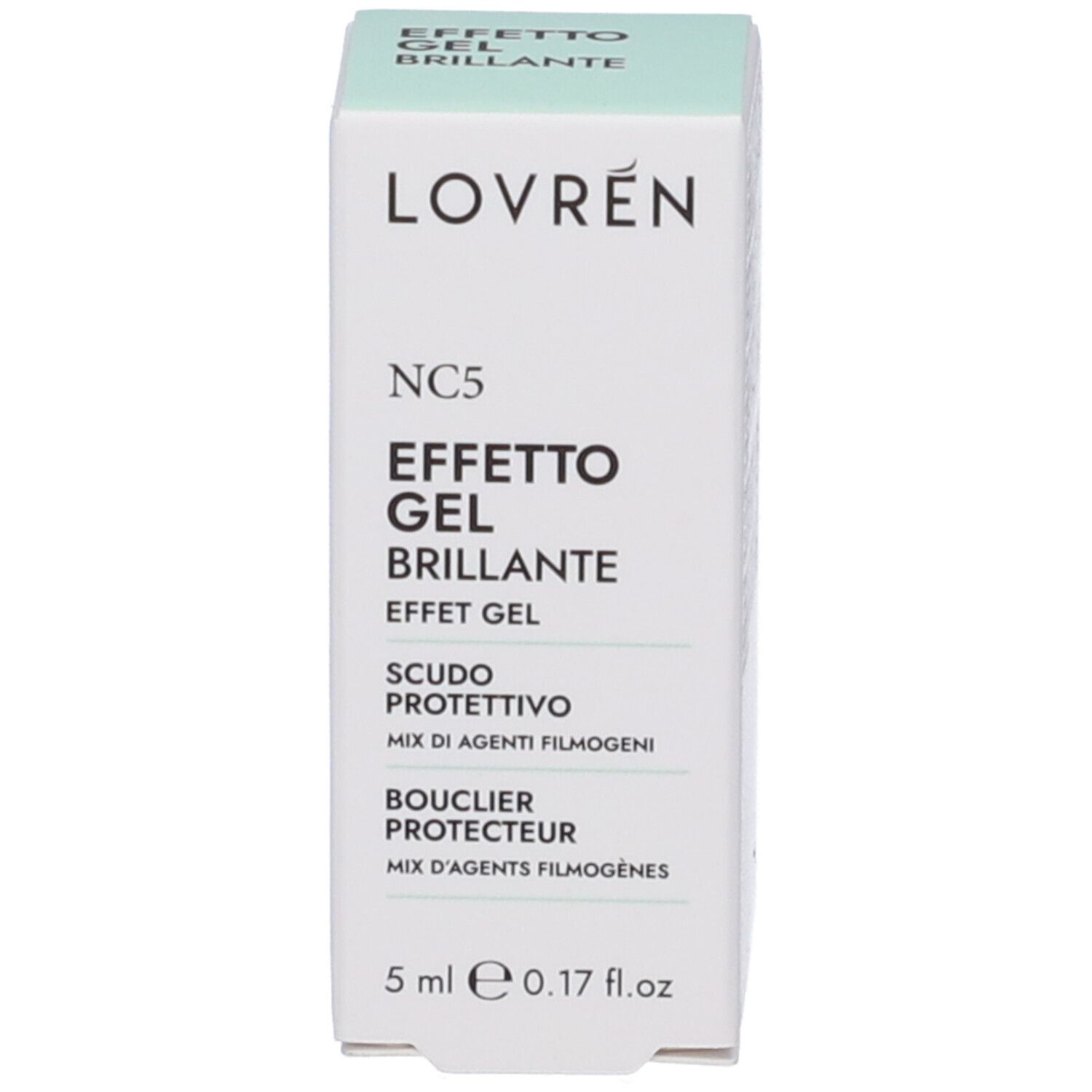 Confezione con scritta: LOVREN, NC5 EFFETTO GEL BRILLANTE. Testo multilingue. 5 ml, 0.17 fl.oz.