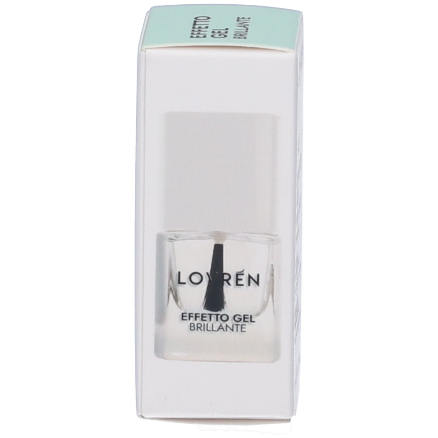 Flacone di smalto nella confezione. Confezione con scritta: LOVREN, EFFETTO GEL BRILLANTE. Accenti verde menta.