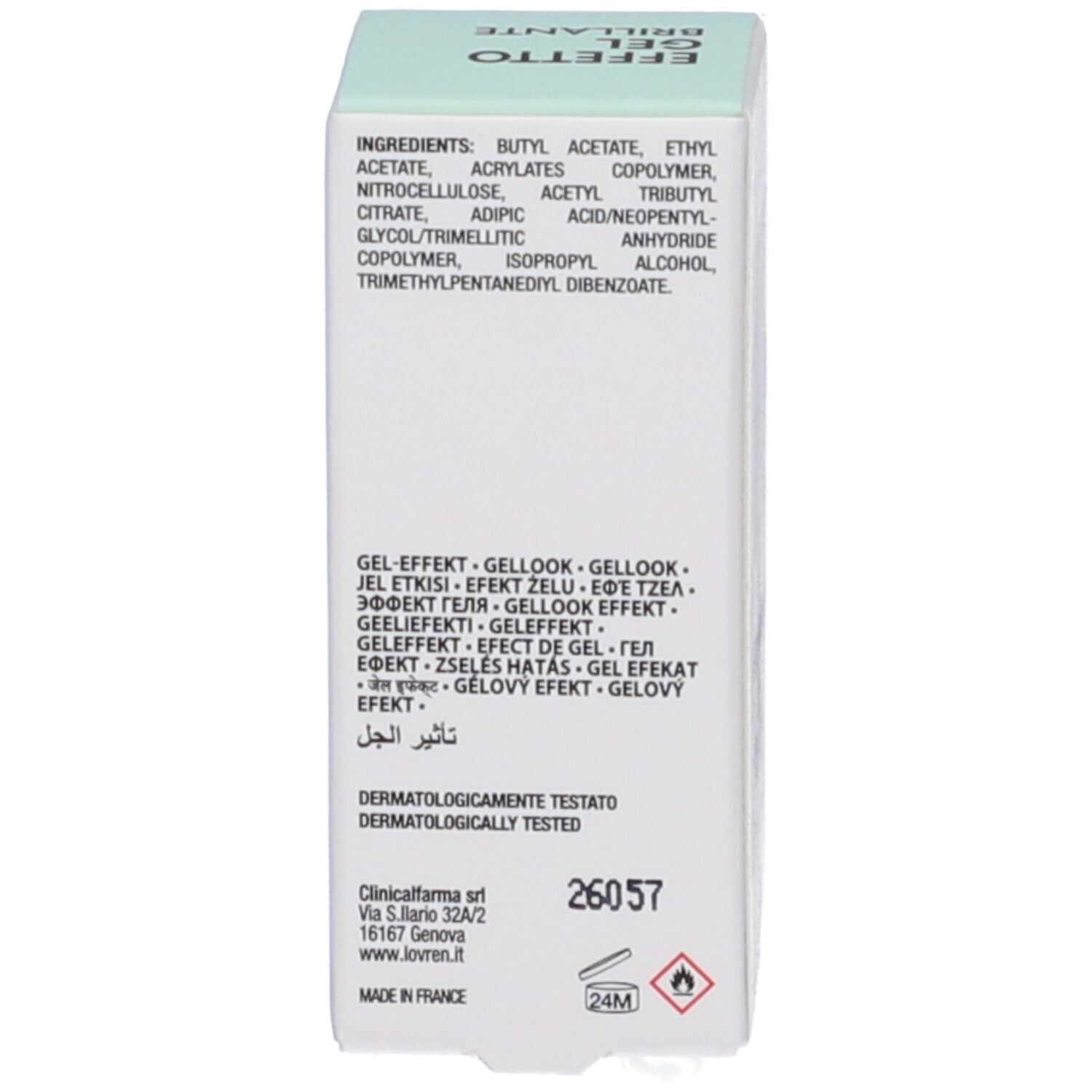 Retro della confezione. Ingredienti, dermatologicamente testato, indirizzo, simbolo 24M, simbolo fiamma.