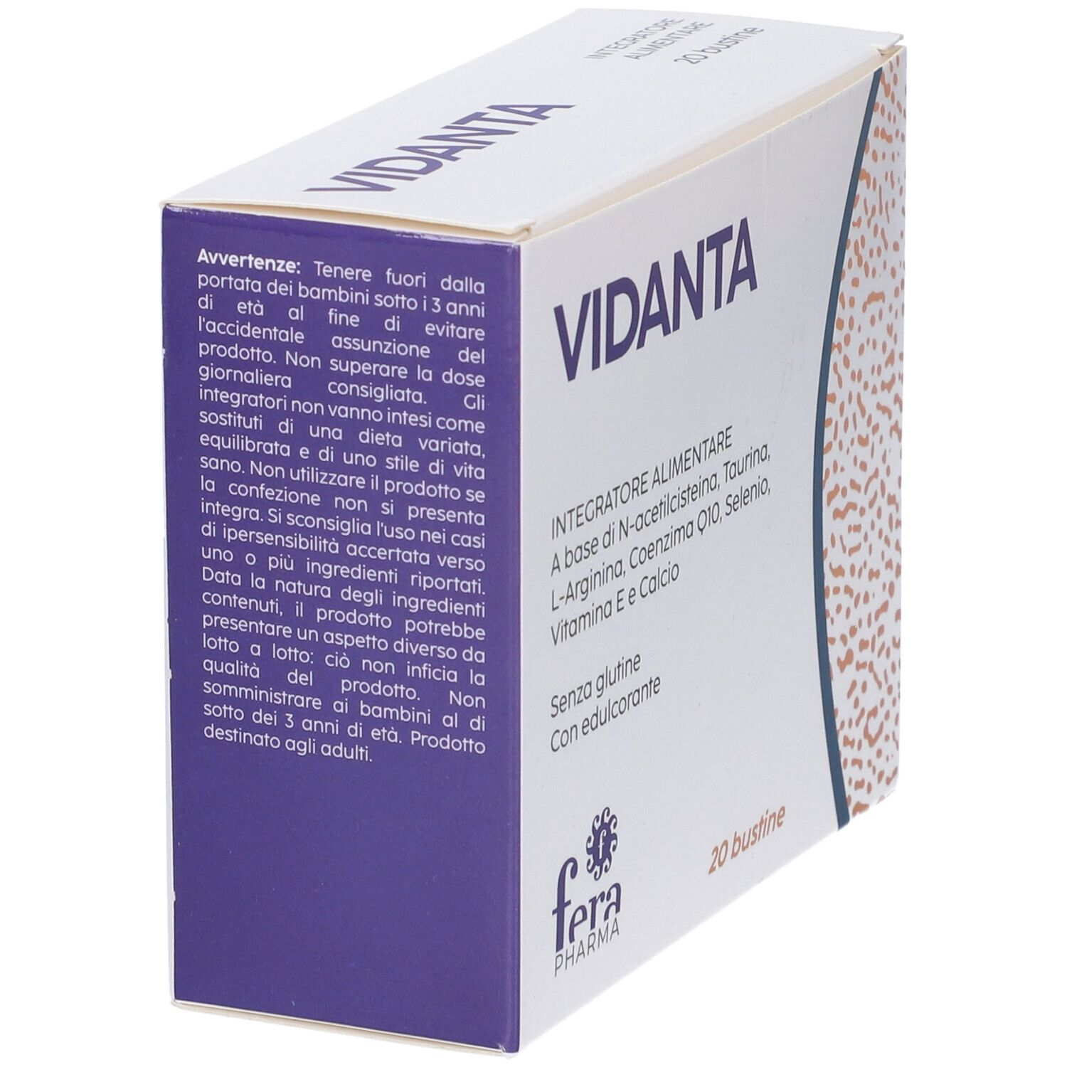 Scatola "Vidanta" in prospettiva. Testo: "Integratore Alimentare". Contiene 20 bustine. Marchio: Fera Pharma. Avvertenze e ingredienti visibili.