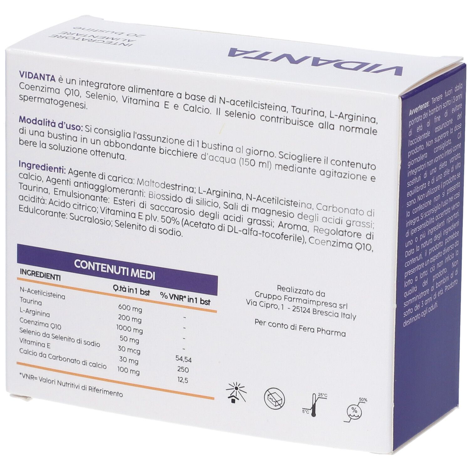 Retro della scatola "Vidanta". Contiene informazioni su ingredienti, valori nutrizionali e produttore. Testo in italiano.