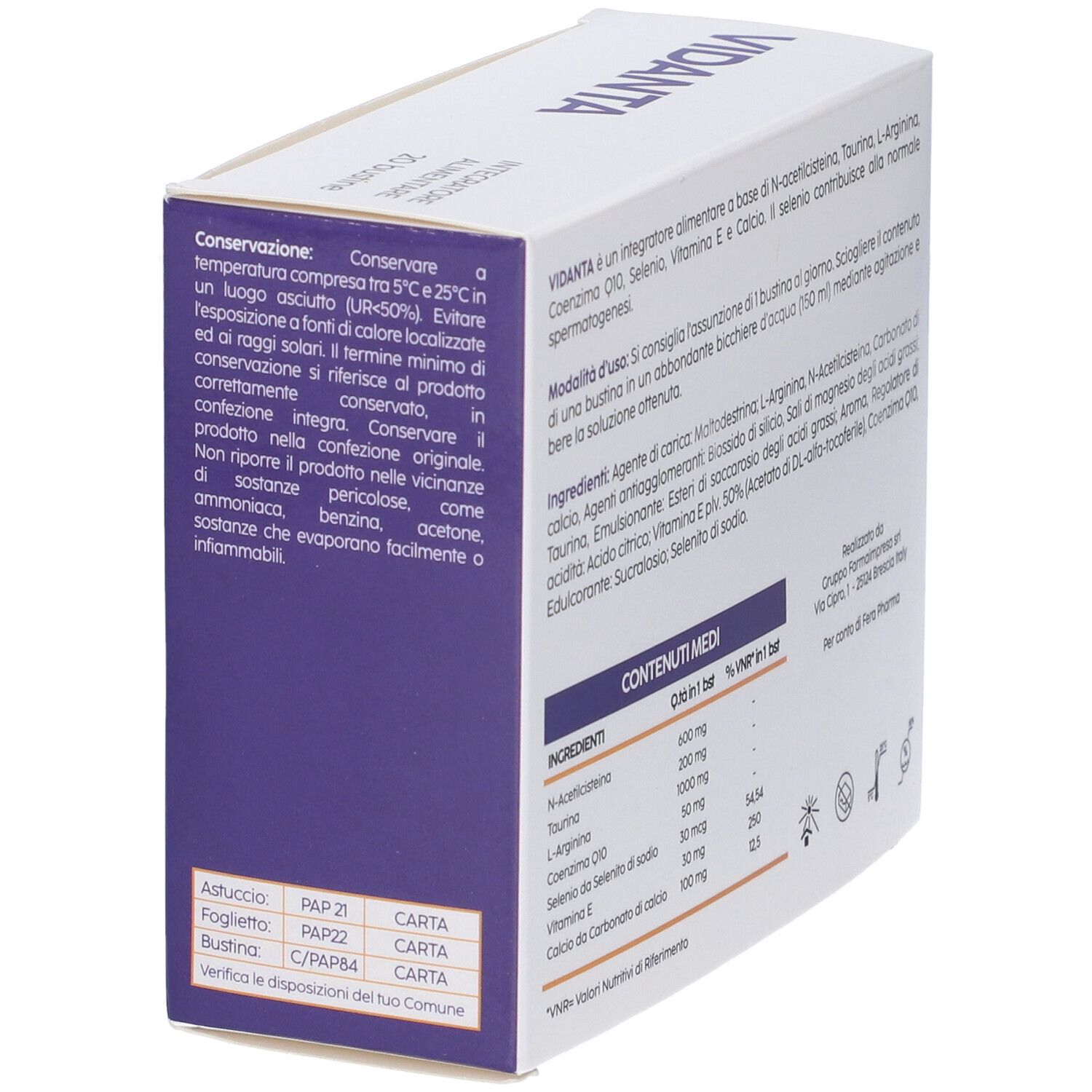 Retro della scatola "Vidanta". Informazioni su ingredienti, valori nutrizionali e produttore. Testo in italiano.