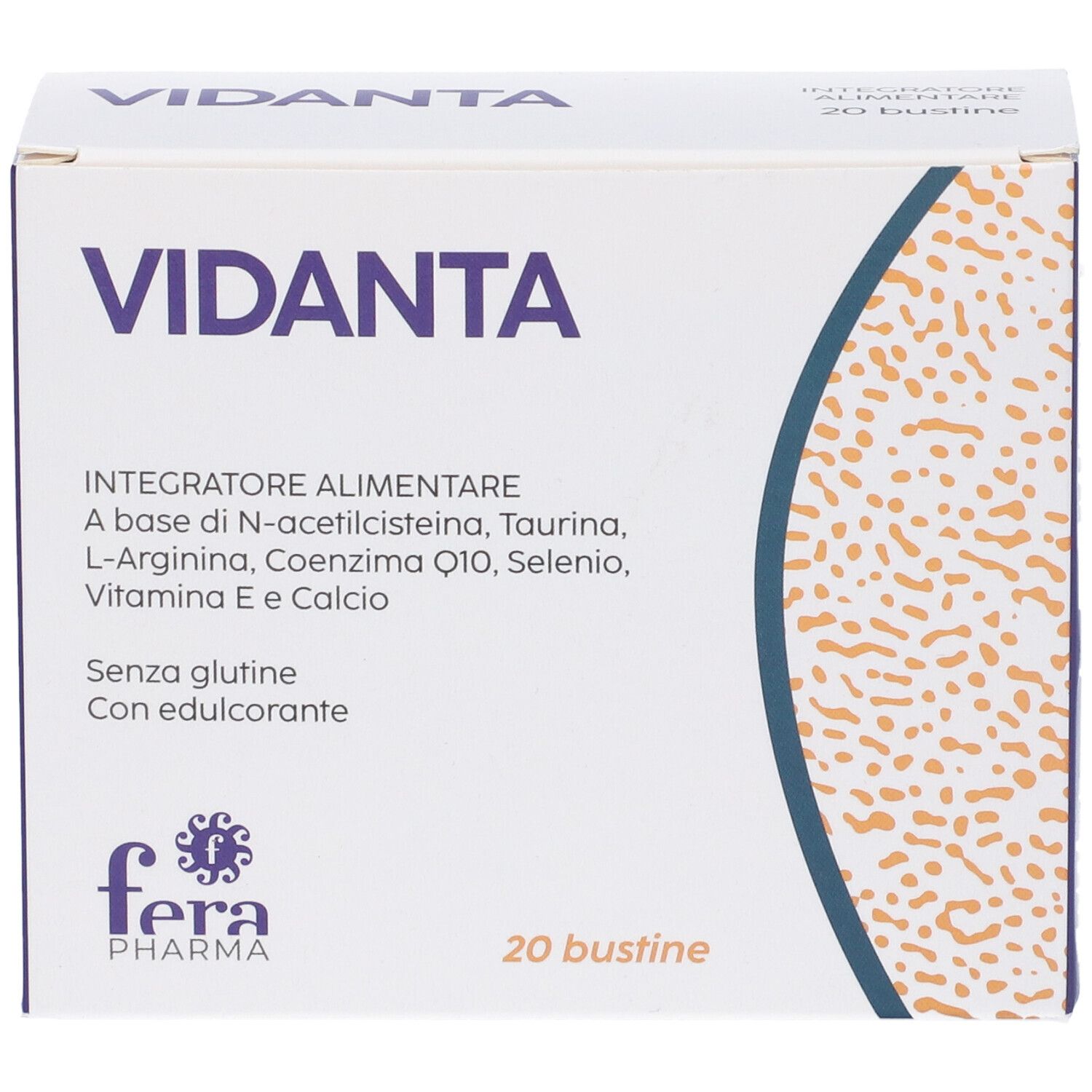 Scatola "Vidanta" con logo e testo. Contiene 20 bustine. Marchio: Fera Pharma. Ingredienti: N-acetilcisteina, taurina, L-arginina, coenzima Q10, selenio, vitamina E e calcio.