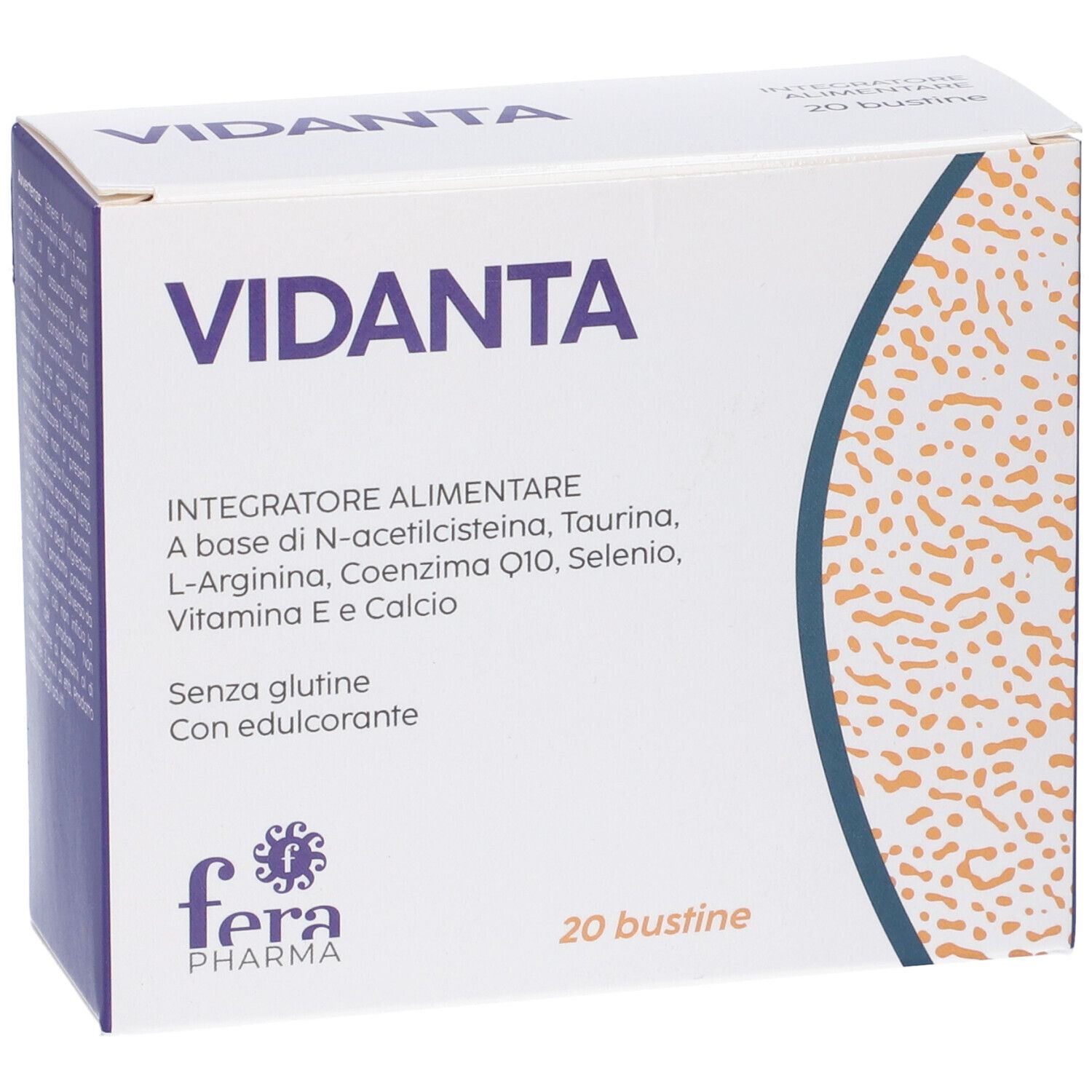 Scatola "Vidanta" con logo e testo. Contiene 20 bustine. Marchio: Fera Pharma. Ingredienti: N-acetilcisteina, taurina, L-arginina, coenzima Q10, selenio, vitamina E e calcio.