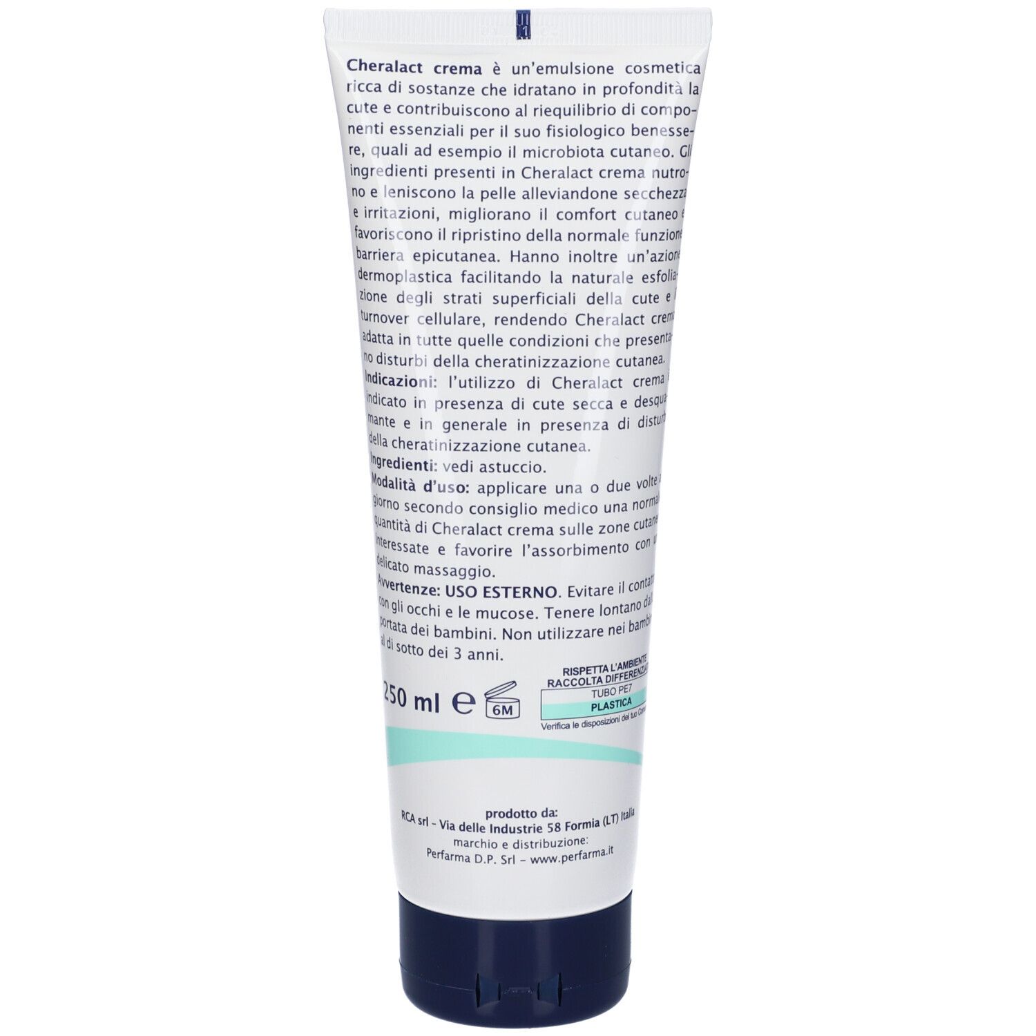 Retro del tubo. Testo in italiano. Contiene informazioni sugli ingredienti e l'uso. 250 ml. Logo per la raccolta differenziata.