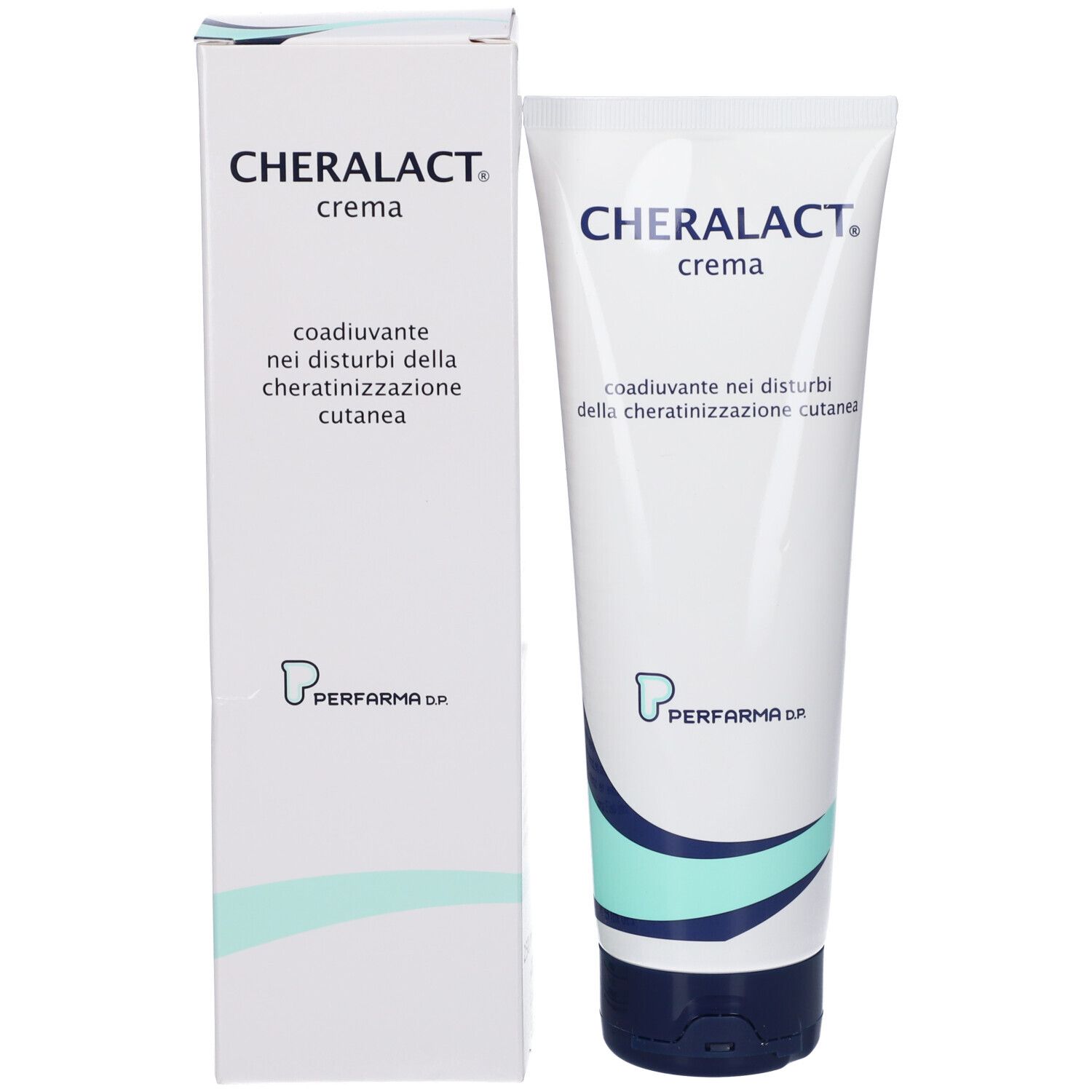 Confezione del prodotto: tubo e scatola. Scritta: CHERALACT crema. Testo: coadiuvante nei disturbi della cheratinizzazione cutanea. Logo: Performa D.P.